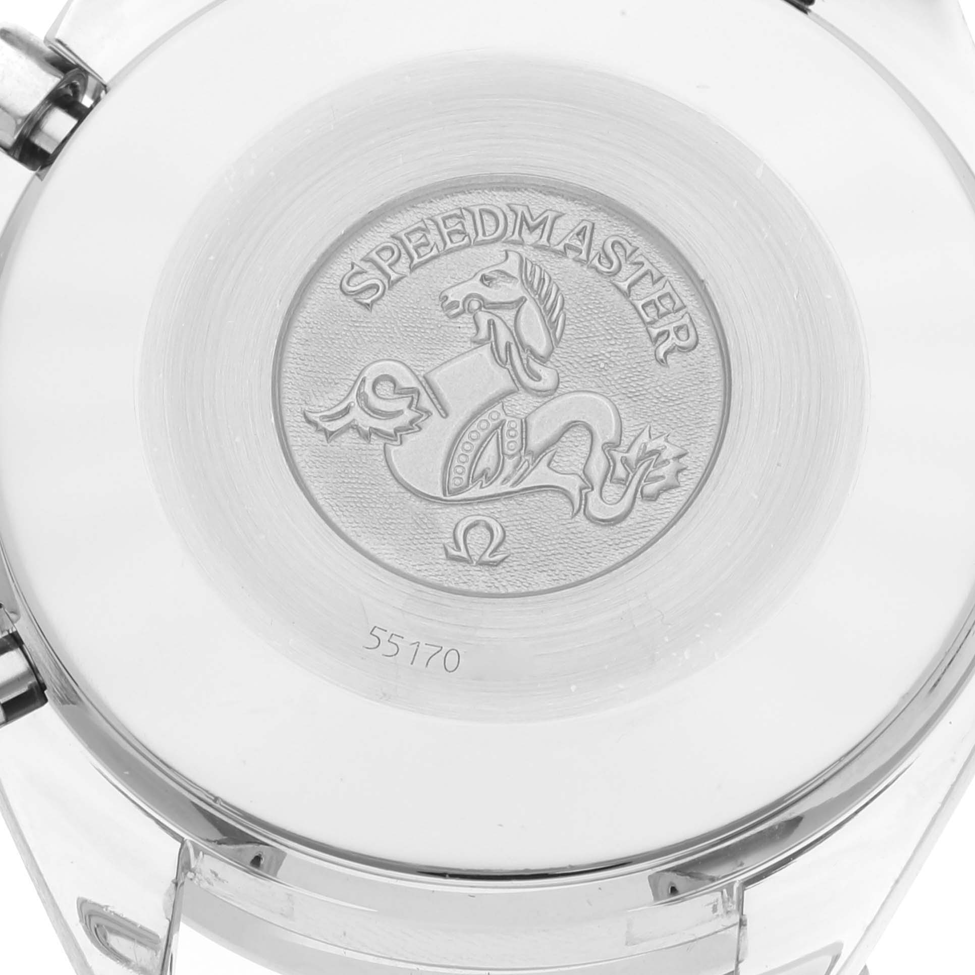 This image shows the back case of an Omega Speedmaster 3510.50.00 Men's Steel and Gold (two tone) Black Dial 3510.50.00 Men's Steel and Gold (two tone) Black Dial watch, featuring its engraved emblem and model number.