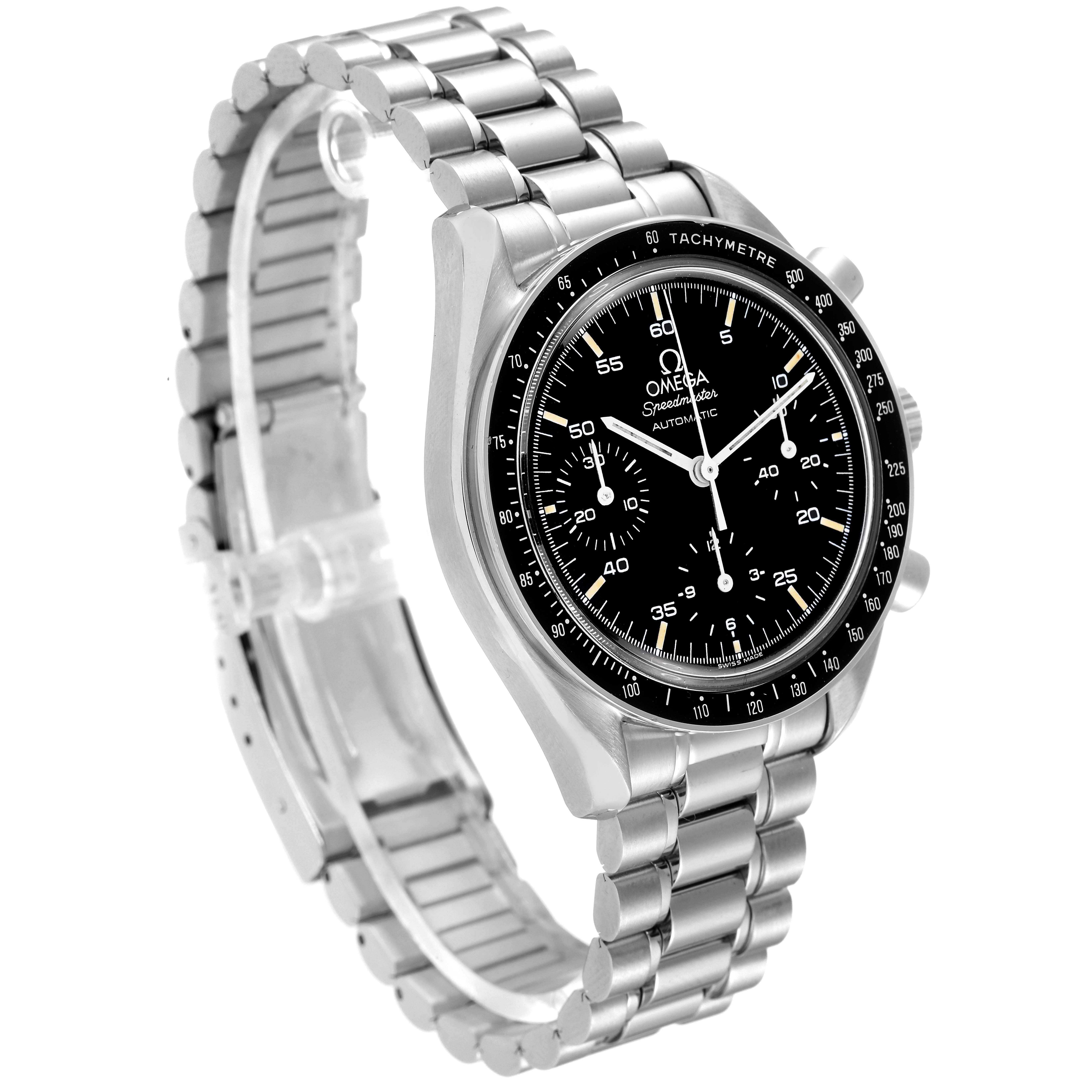 The Omega Speedmaster 3510.50.00 Men's Steel and Gold (two tone) Black Dial 3510.50.00 Men's Steel and Gold (two tone) Black Dial watch is shown at a three-quarter angle, highlighting the black dial, tachymeter bezel, and stainless steel bracelet.