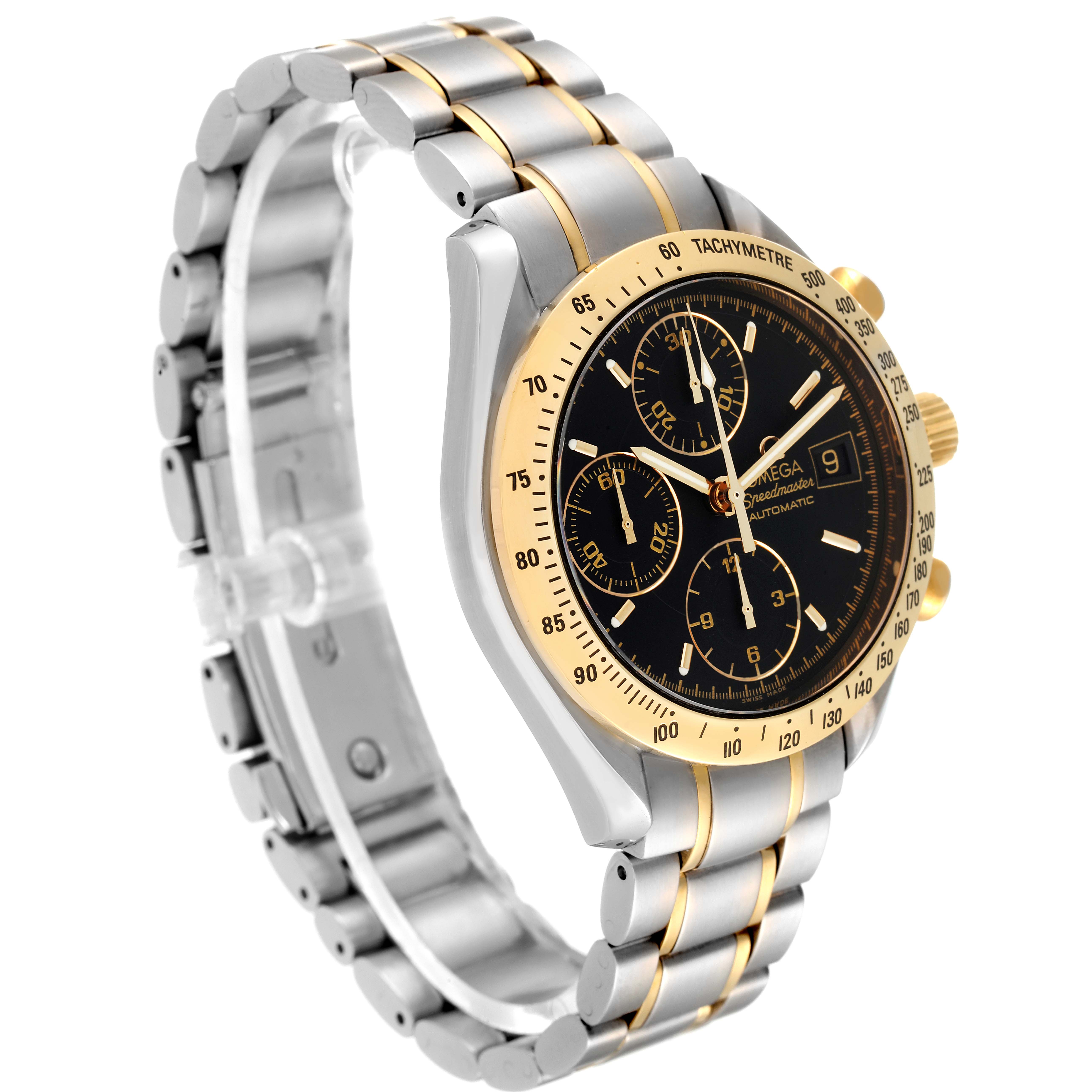 This image shows a side-angle view of the Omega Speedmaster 3313.50.00 Men's Steel and Gold (two tone) Black Dial 3313.50.00 Men's Steel and Gold (two tone) Black Dial watch, highlighting its bracelet, dial, and tachymeter bezel.