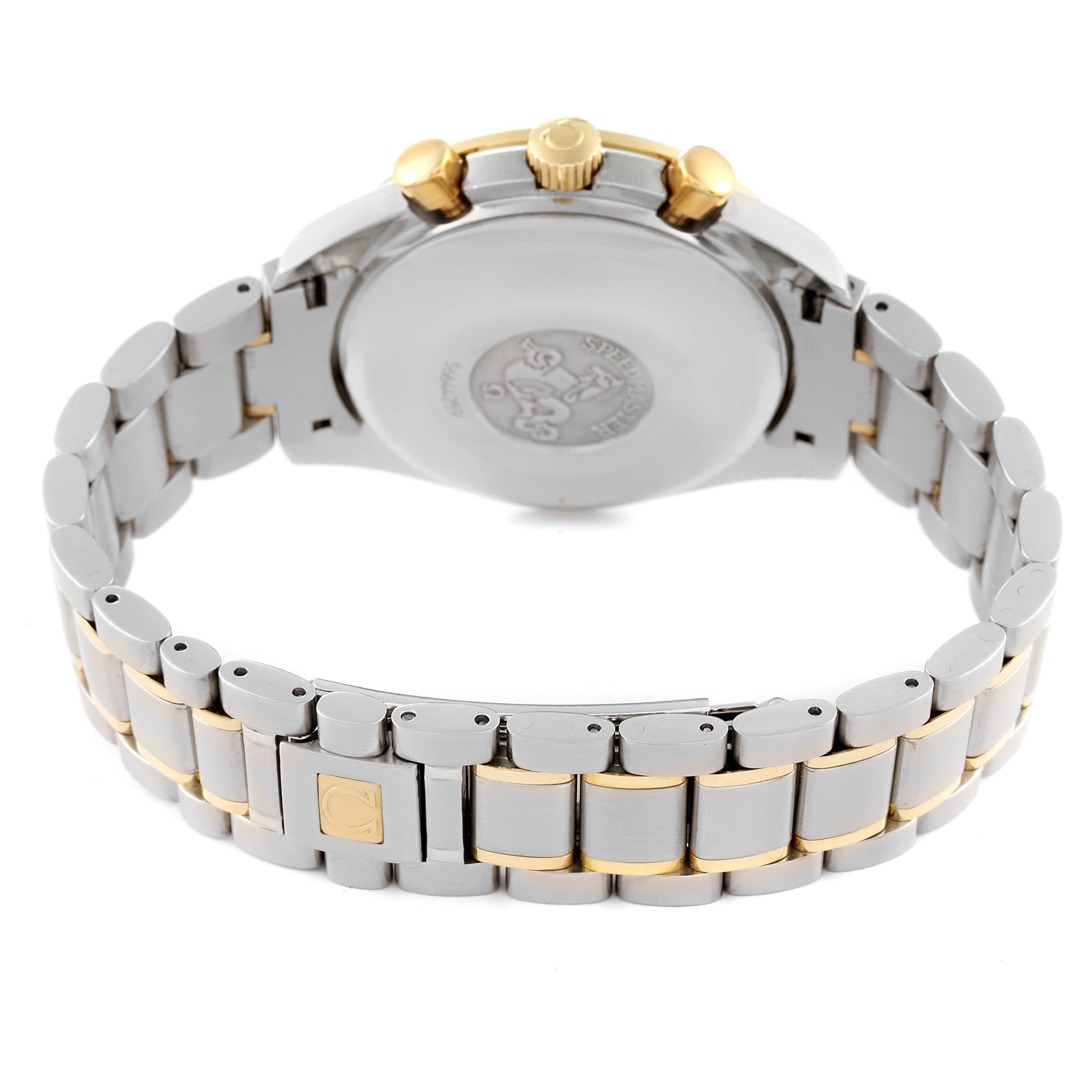 The image shows the back and bracelet of an Omega Speedmaster 3313.50.00 Men's Steel and Gold (two tone) Black Dial 3313.50.00 Men's Steel and Gold (two tone) Black Dial watch, highlighting the clasp and two-tone metal design.