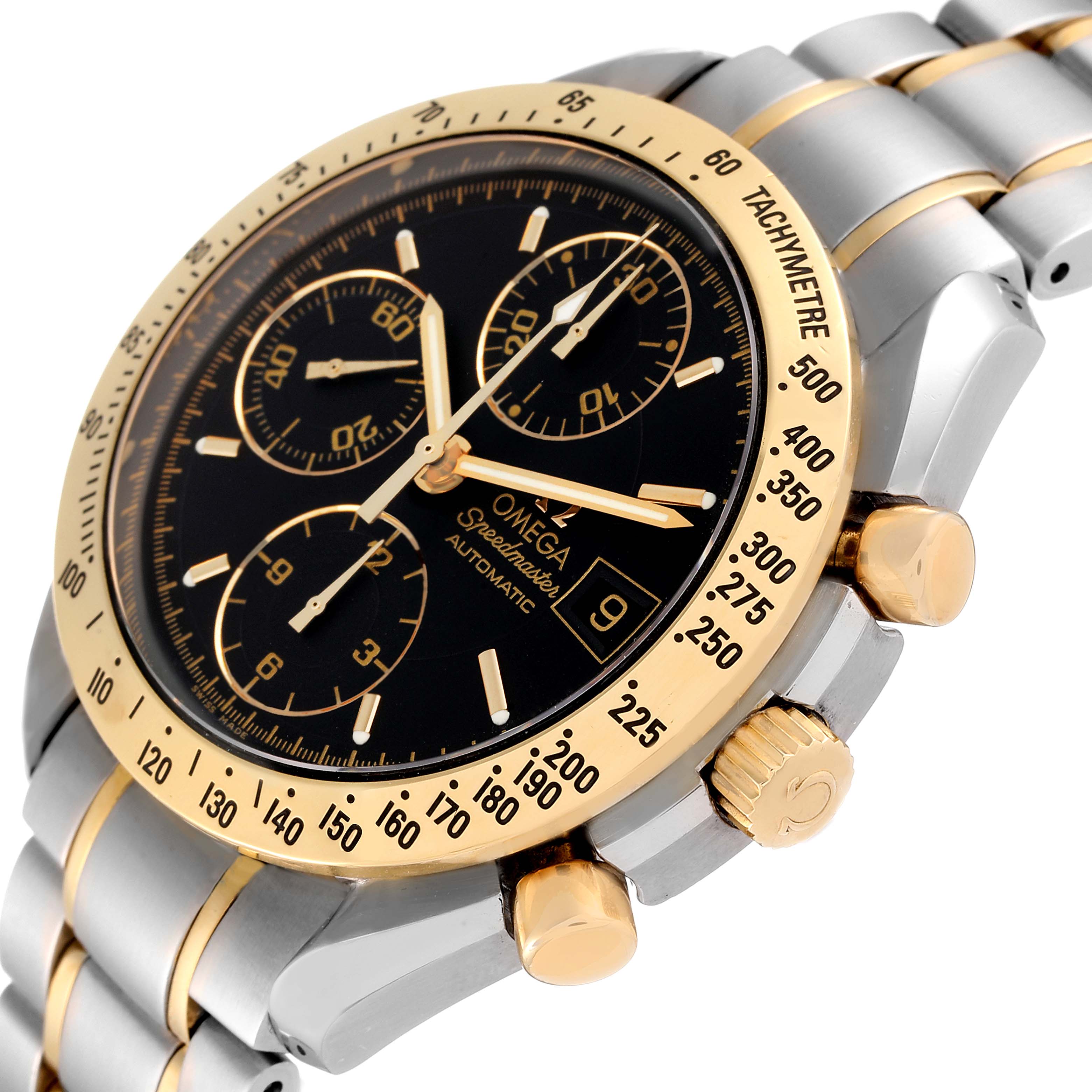 The image shows a close-up, angled view of the Omega Speedmaster 3313.50.00 Men's Steel and Gold (two tone) Black Dial 3313.50.00 Men's Steel and Gold (two tone) Black Dial watch, highlighting the face, bezel, crown, pushers, and bracelet.