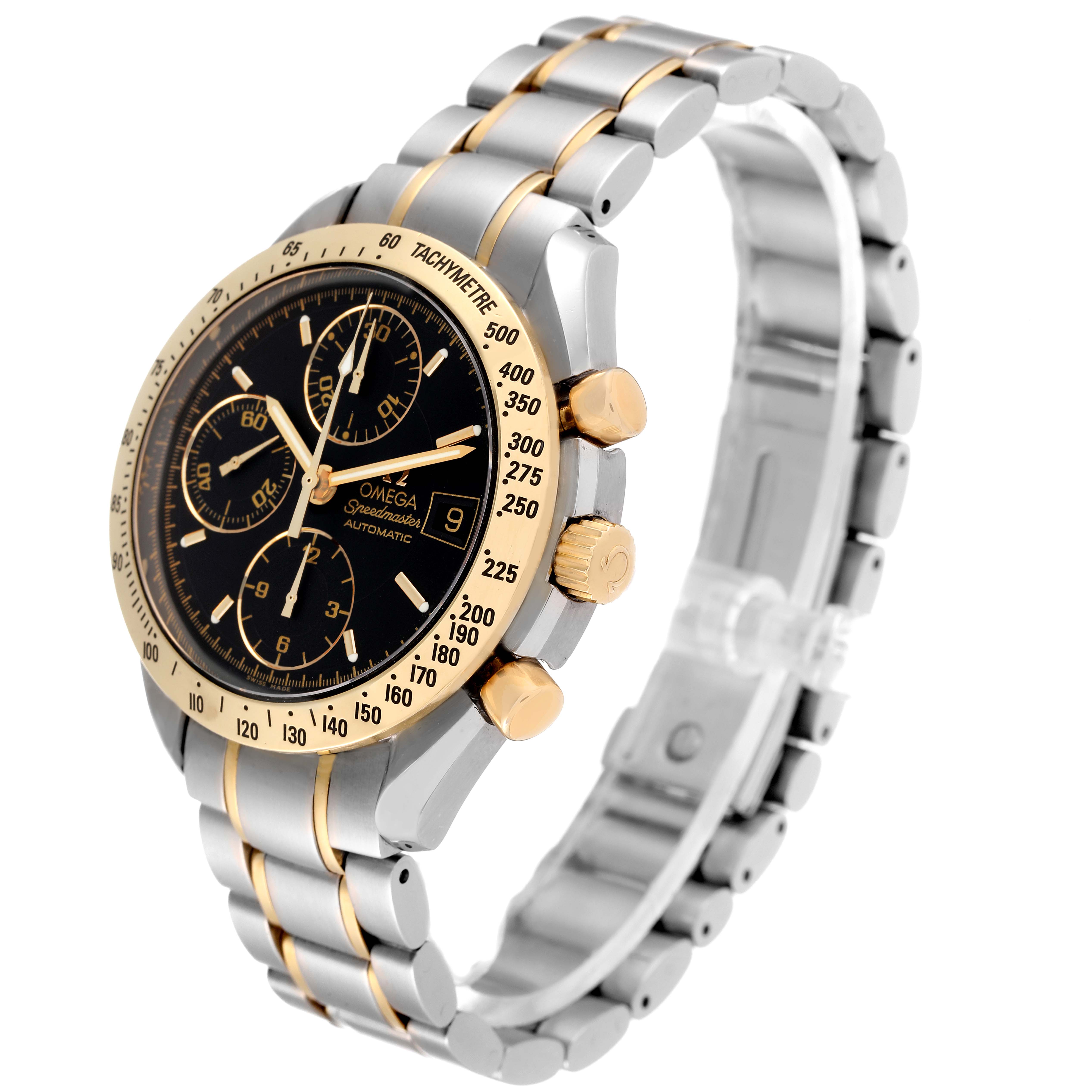 The Omega Speedmaster 3313.50.00 Men's Steel and Gold (two tone) Black Dial 3313.50.00 Men's Steel and Gold (two tone) Black Dial watch is shown at a three-quarter angle, displaying its band, face, tachymeter bezel, and side buttons.