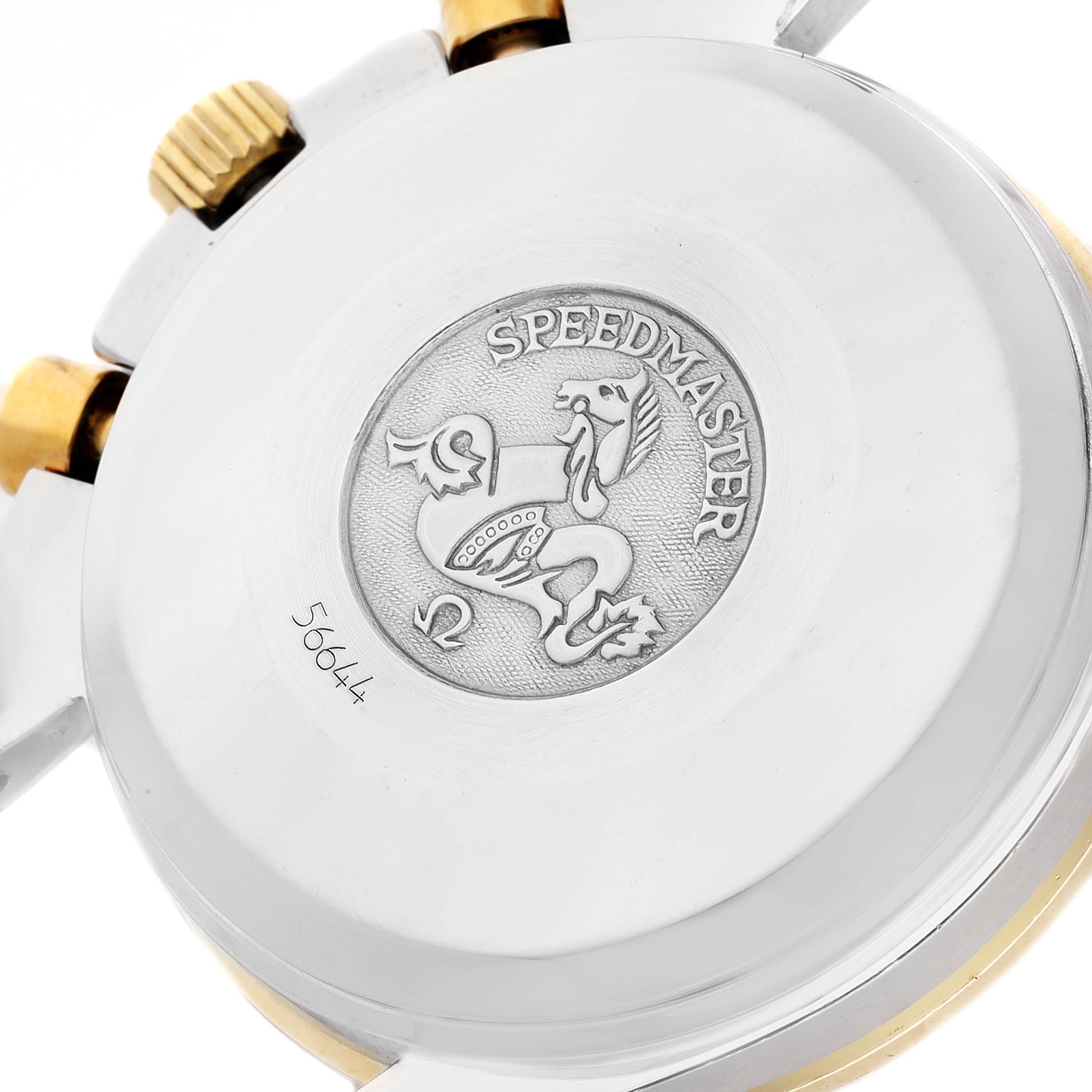 This image shows the engraved case back of an Omega Speedmaster 3313.50.00 Men's Steel and Gold (two tone) Black Dial 3313.50.00 Men's Steel and Gold (two tone) Black Dial watch.