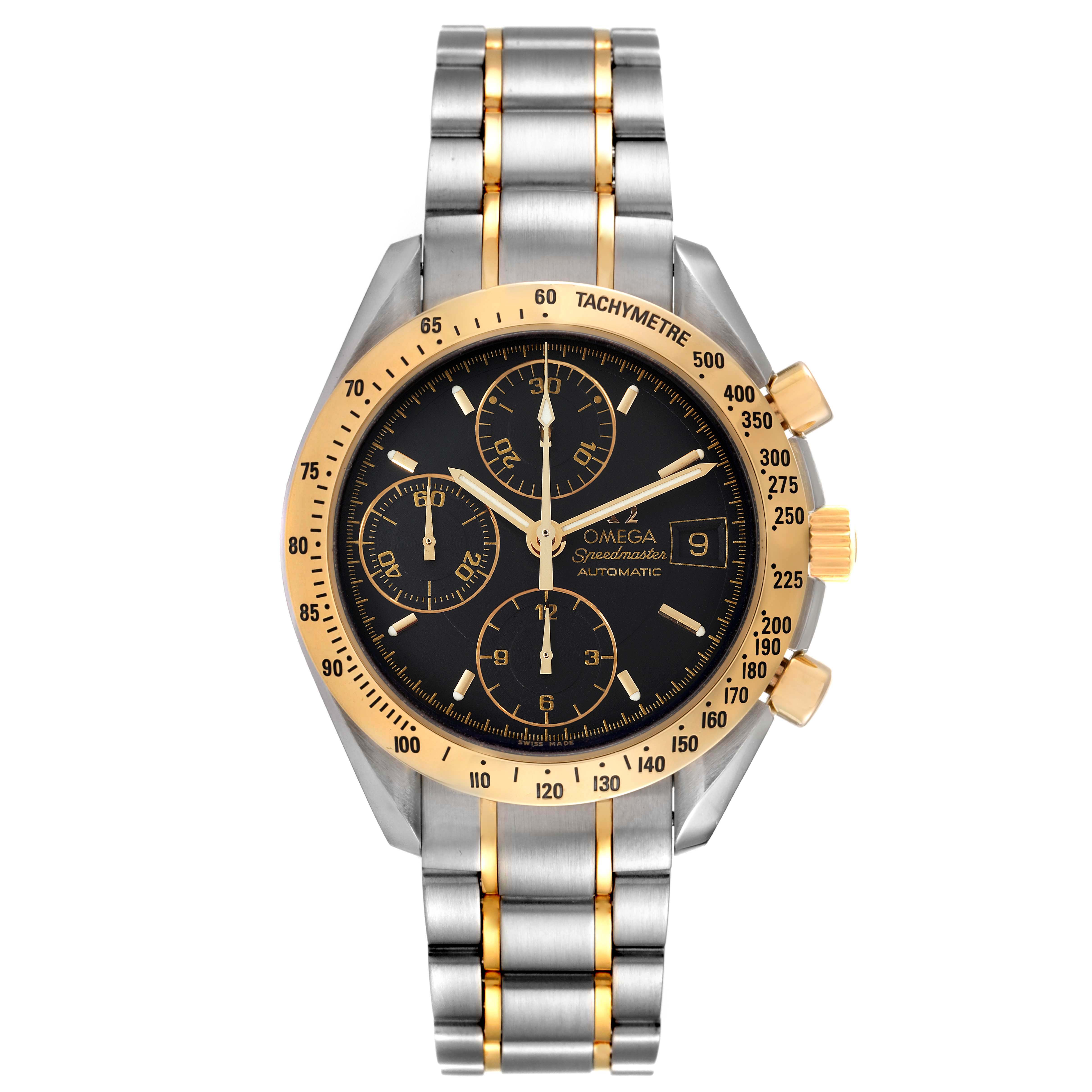 This image shows the Omega Speedmaster 3313.50.00 Men's Steel and Gold (two tone) Black Dial 3313.50.00 Men's Steel and Gold (two tone) Black Dial watch from a front angle, highlighting its bezel, dial, pushers, crown, and bracelet.
