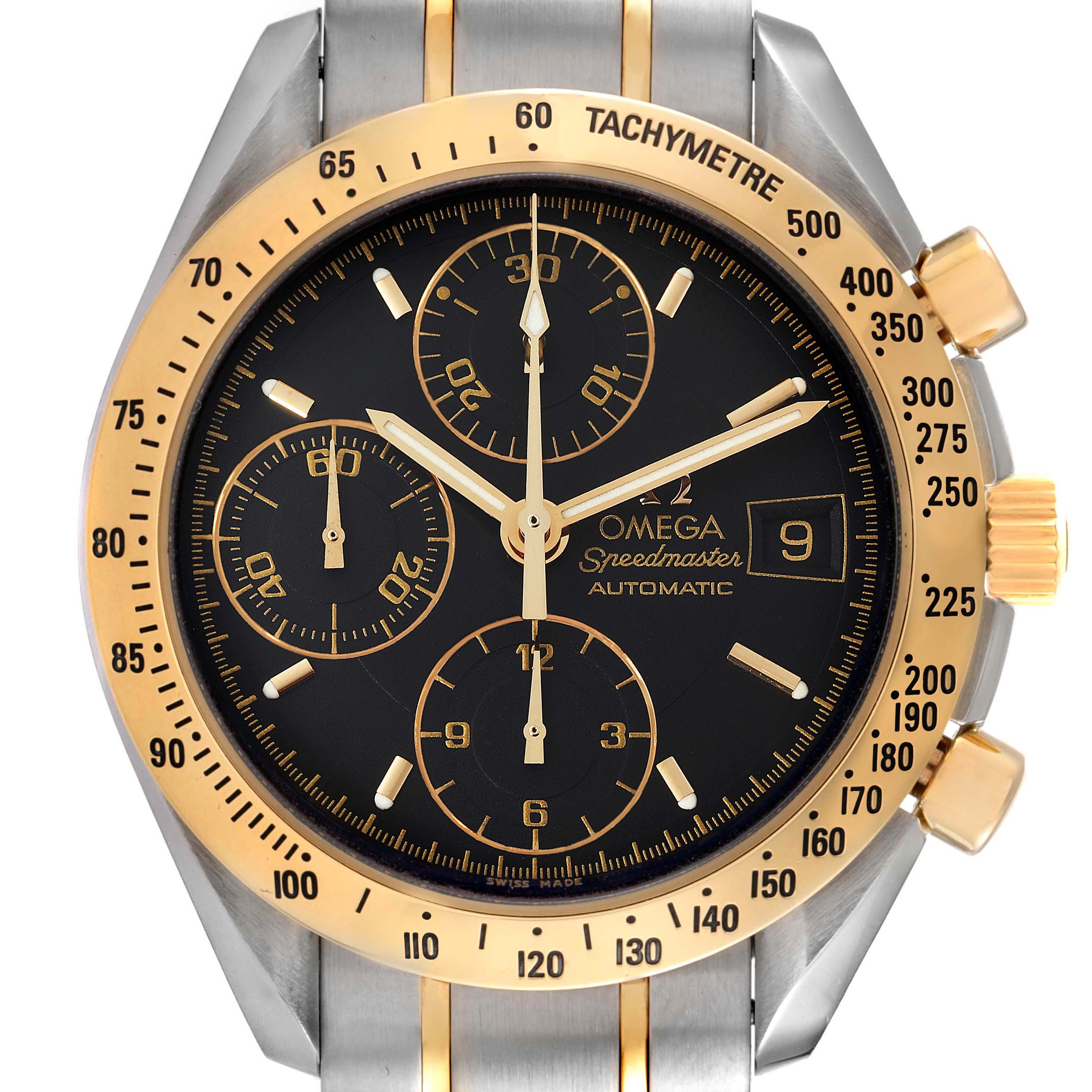 The image shows a close-up, front view of an Omega Speedmaster 3313.50.00 Men's Steel and Gold (two tone) Black Dial 3313.50.00 Men's Steel and Gold (two tone) Black Dial watch, highlighting the tachymeter bezel and chronograph dials.