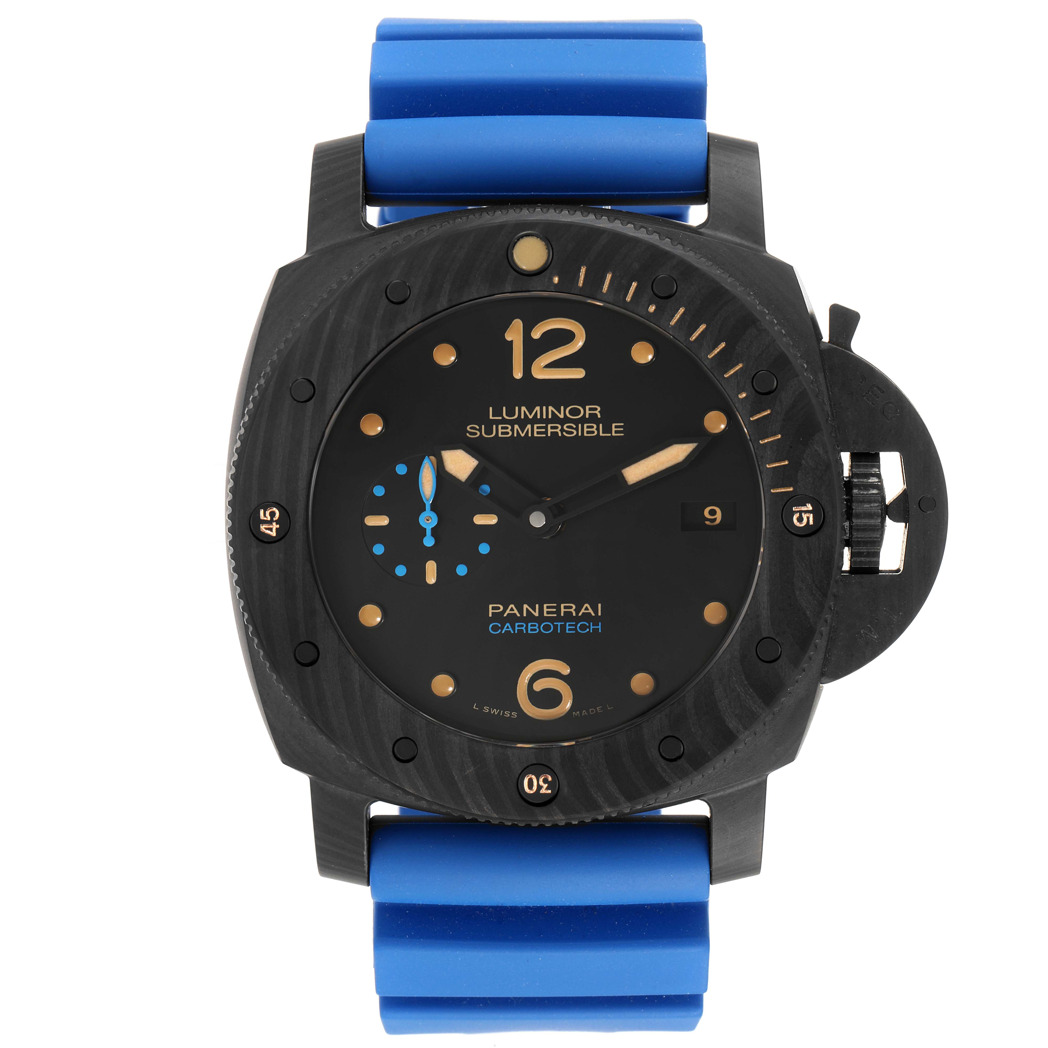 The image shows a front view of the Panerai Luminor Submersible watch with a blue strap.