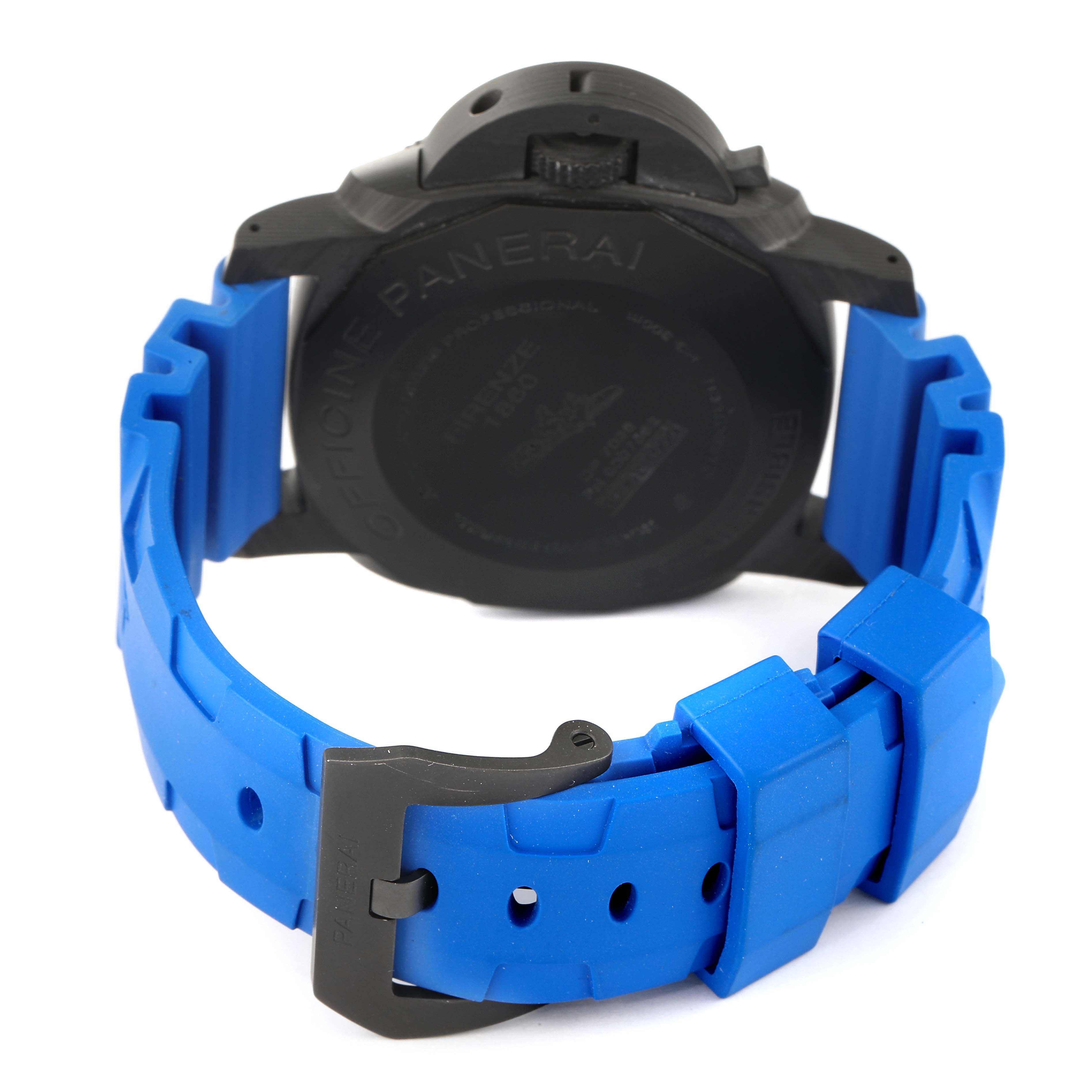 The image shows the back view of the case and blue rubber strap with buckle of a Panerai Submersible PAM00616 Men's Ceramic Black Dial PAM00616 Men's Ceramic Black Dial model watch.