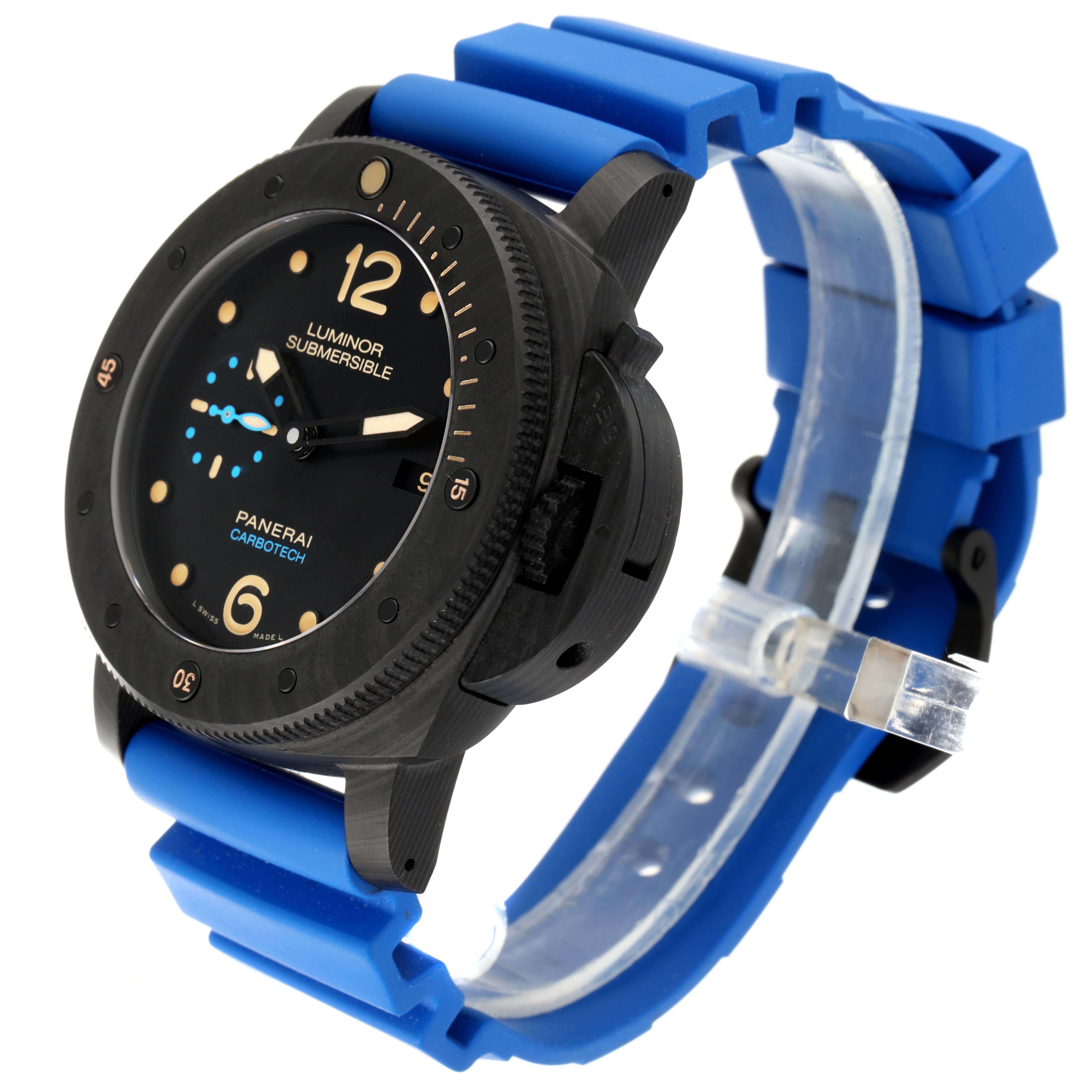 The image shows a Panerai Submersible PAM00616 Men's Ceramic Black Dial PAM00616 Men's Ceramic Black Dial watch angled from the front-right, highlighting its blue strap, bezel, and dial.