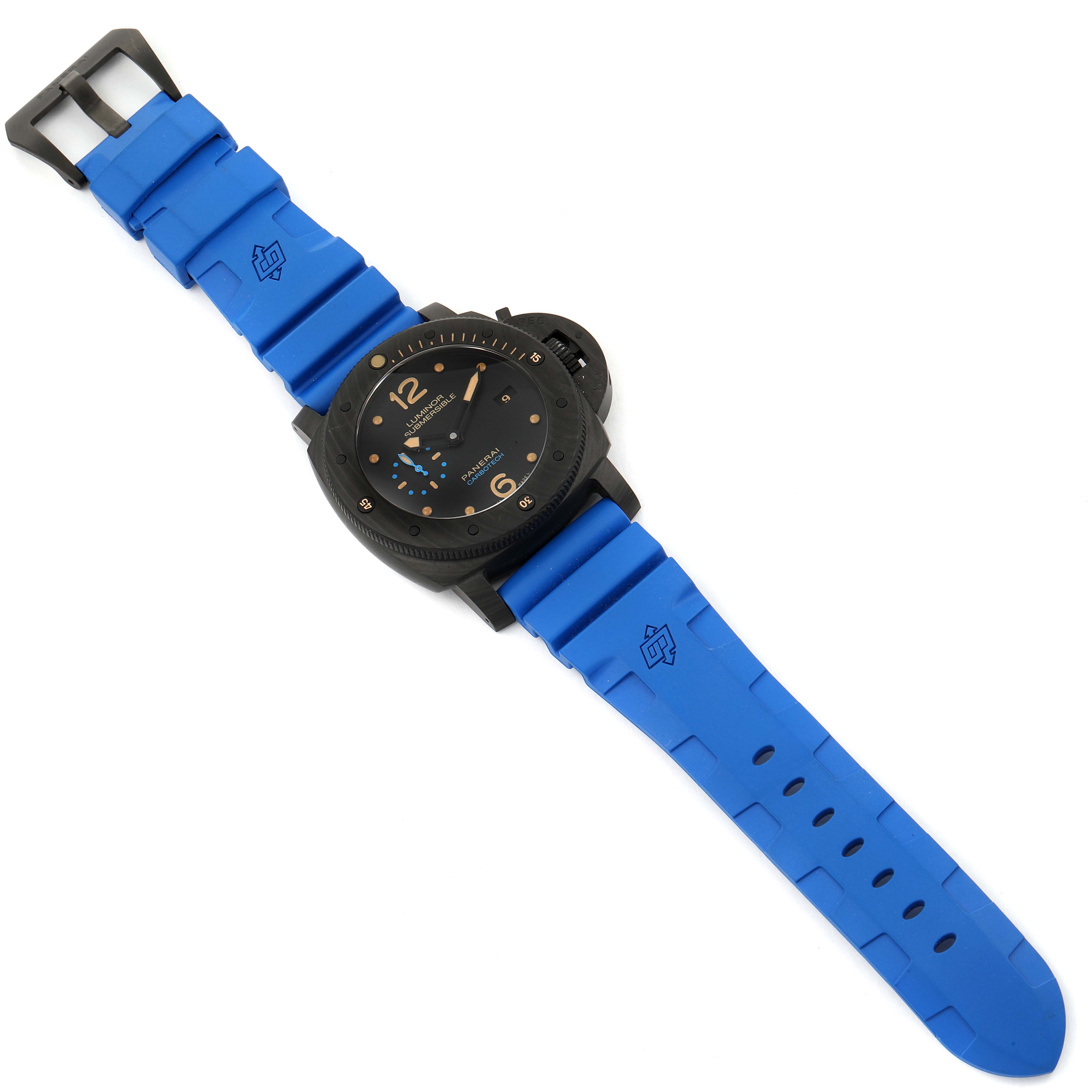 The image shows a Panerai Submersible PAM00616 Men's Ceramic Black Dial PAM00616 Men's Ceramic Black Dial watch laid flat from a top-down angle, featuring a blue rubber strap and black dial.