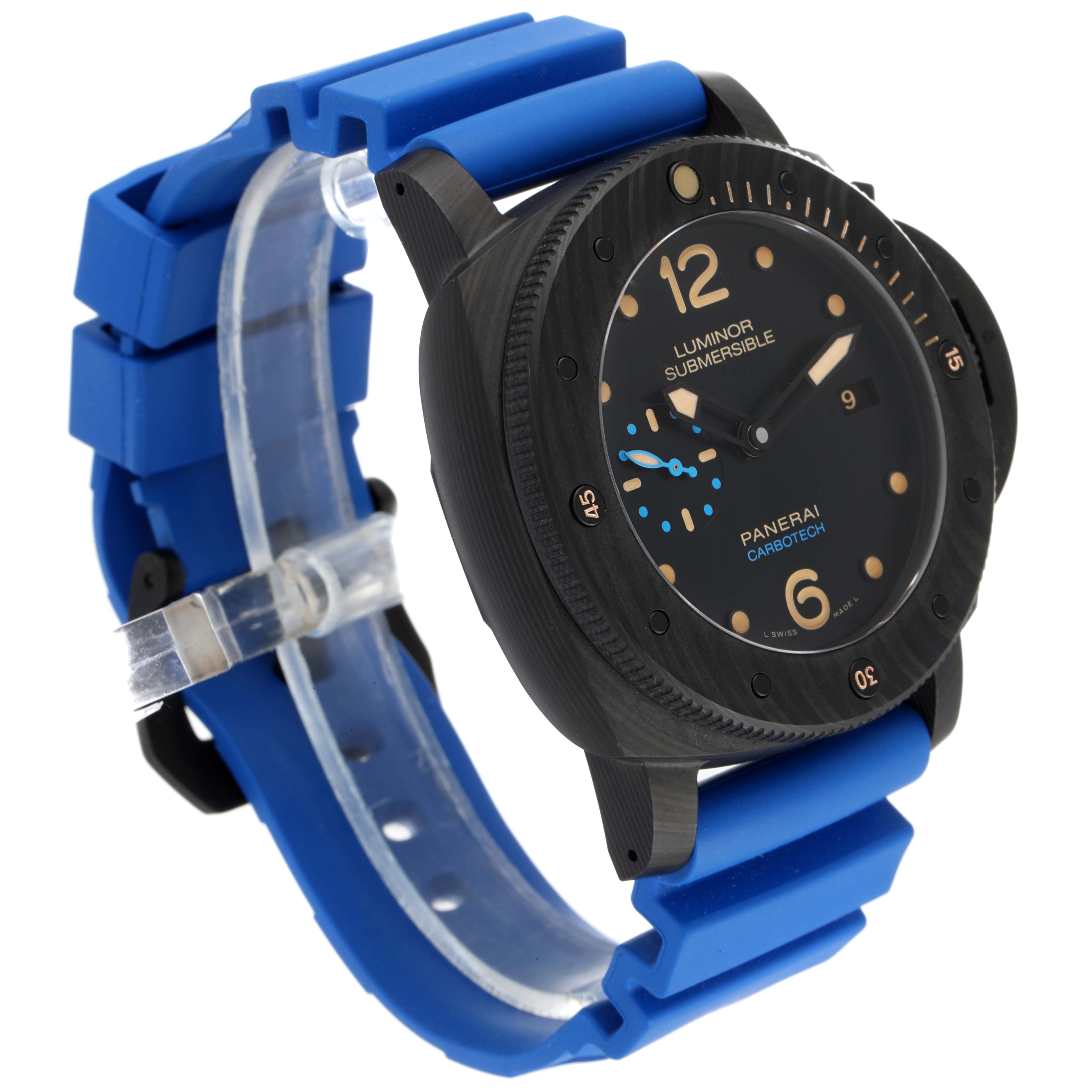 The Panerai Submersible PAM00616 Men's Ceramic Black Dial PAM00616 Men's Ceramic Black Dial watch is shown at a three-quarter angle, highlighting its dial, blue strap, and crown guard.