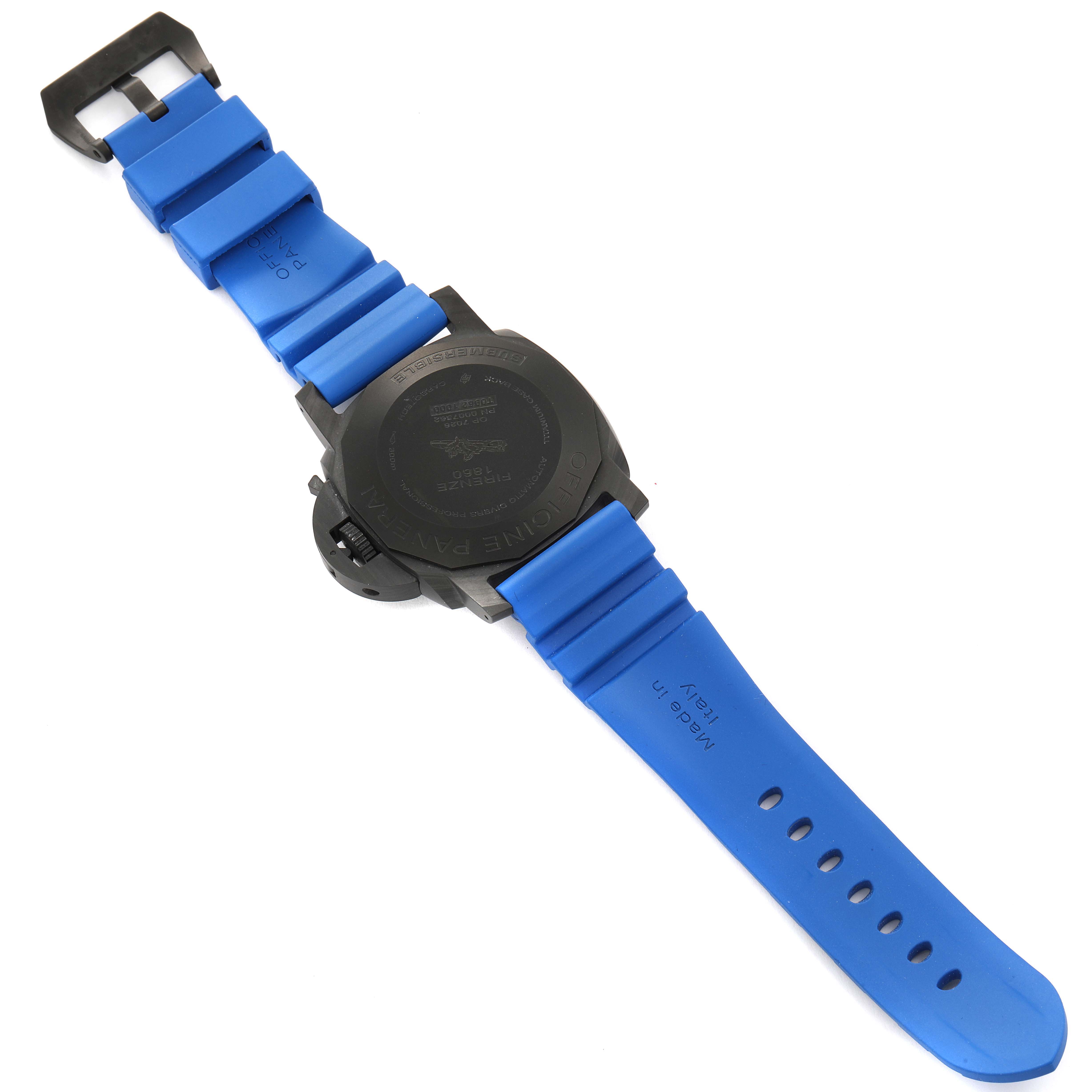 The image shows the back view of a Panerai Submersible PAM00616 Men's Ceramic Black Dial PAM00616 Men's Ceramic Black Dial model watch, displaying its blue rubber strap and black case back.