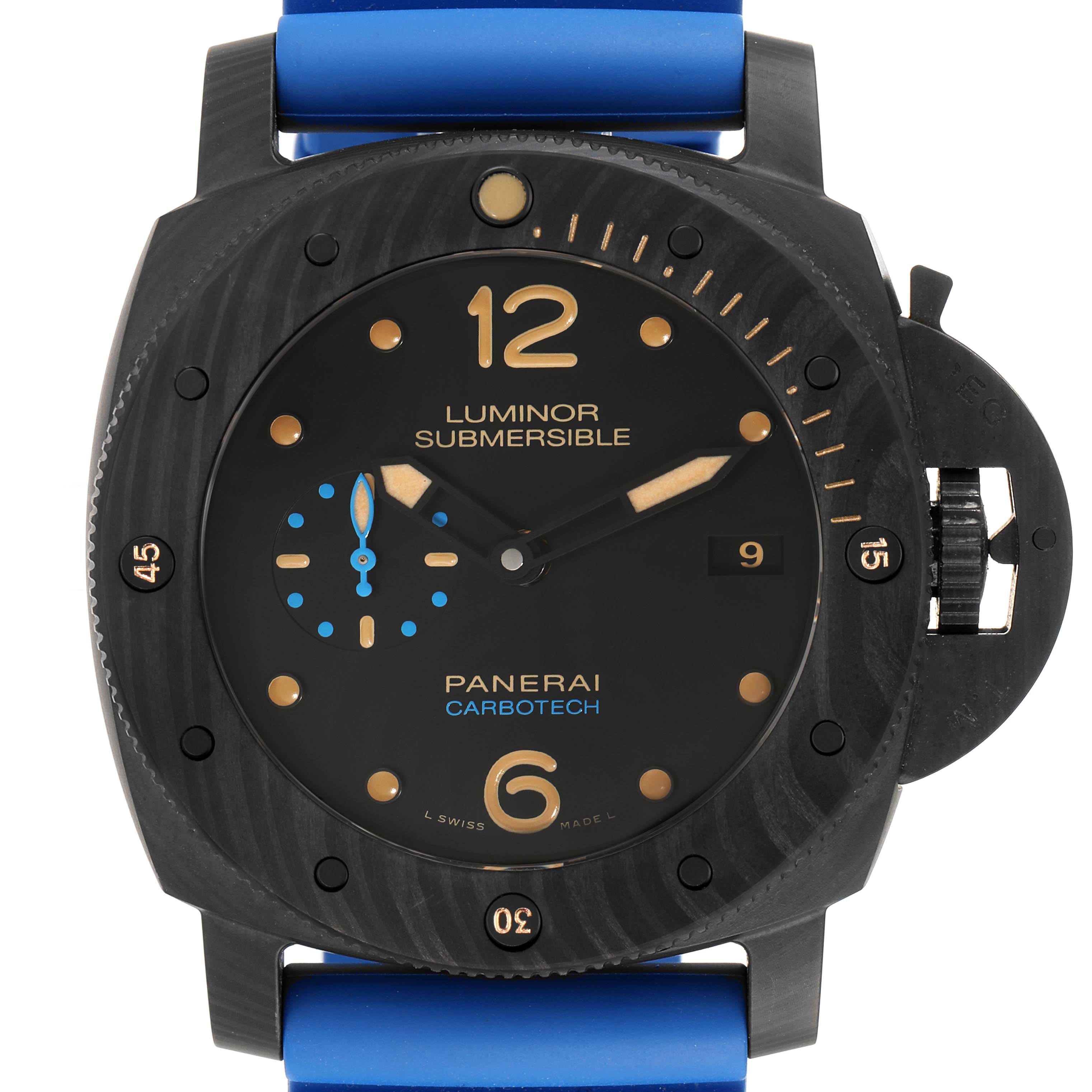 This image shows a front view of the Panerai Luminor Submersible watch with a black dial and blue strap.