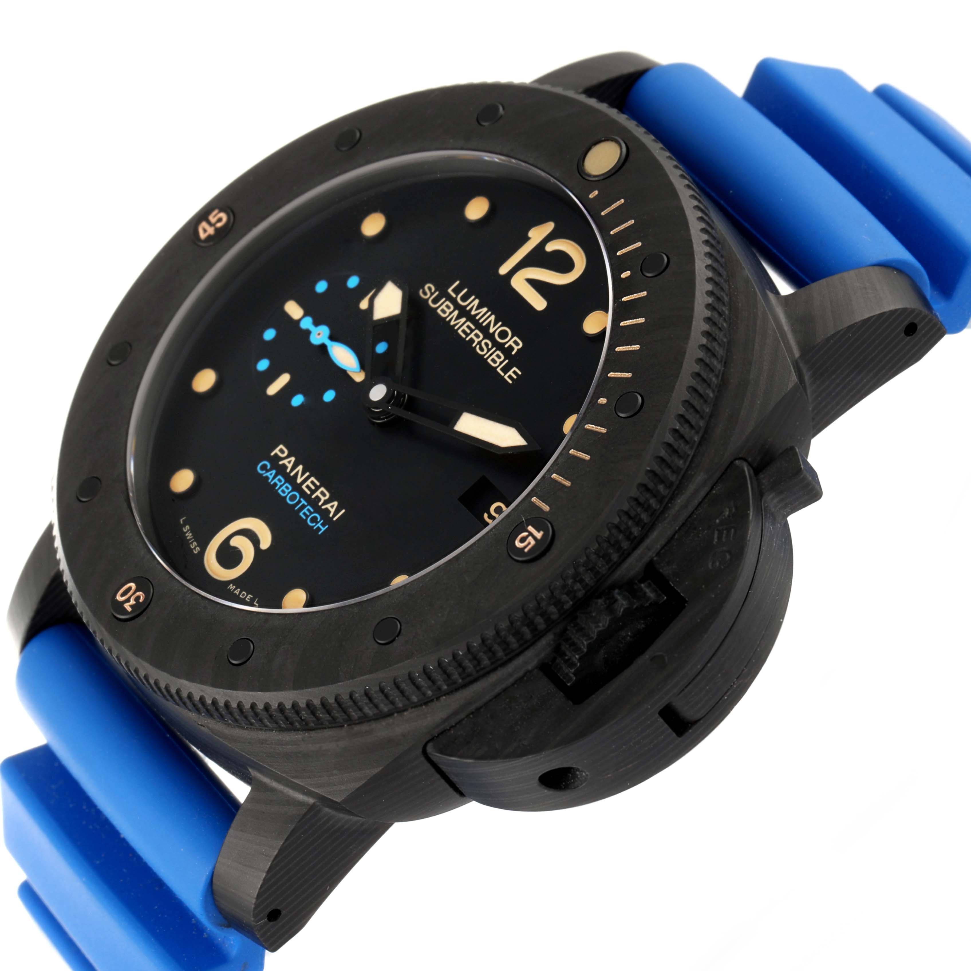 This image shows a Panerai Submersible PAM00616 Men's Ceramic Black Dial PAM00616 Men's Ceramic Black Dial watch at an angled view, highlighting its face, bezel, and blue strap.