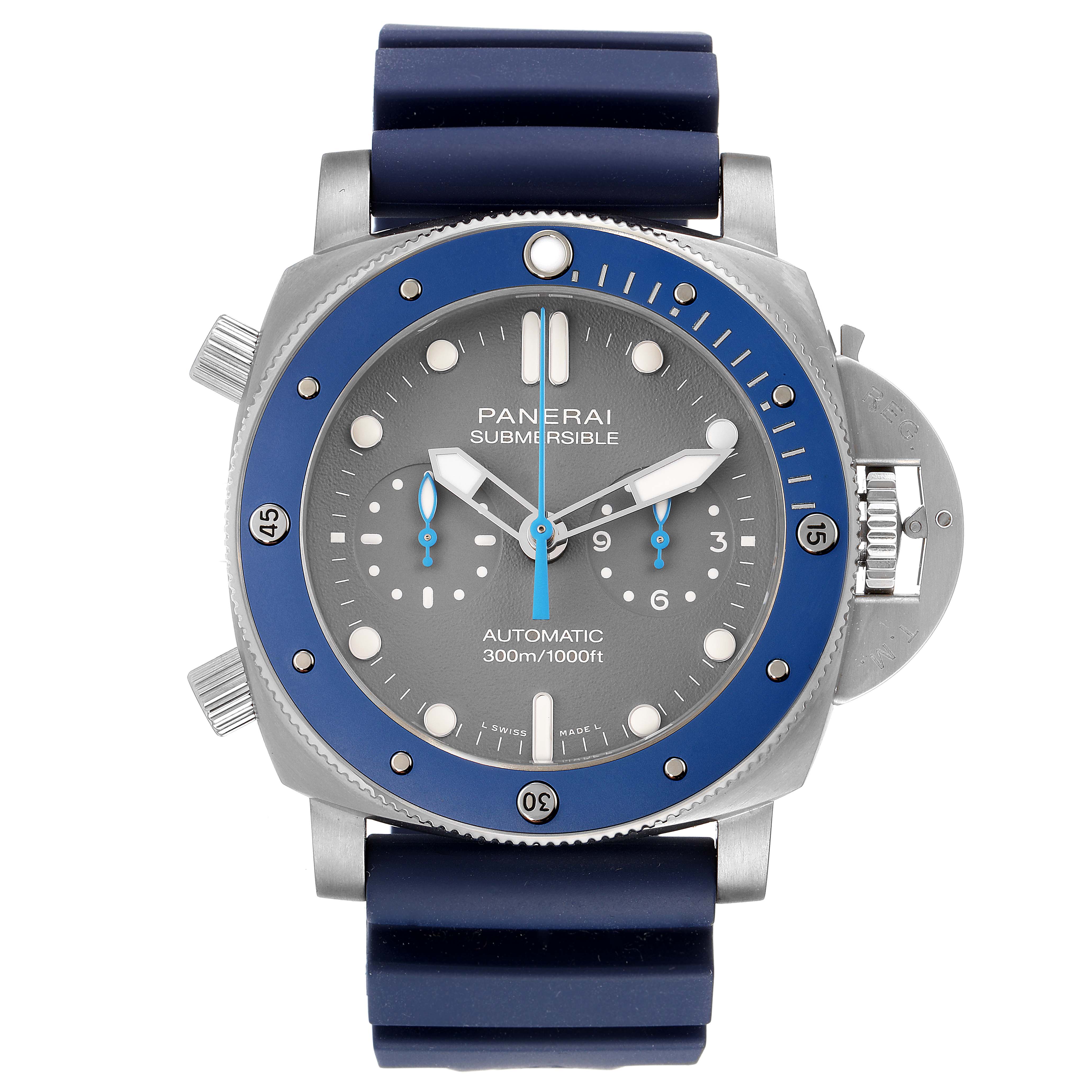 The Panerai Submersible PAM00982 Men's Titanium Grey Dial PAM00982 Men's Titanium Grey Dial watch is shown from a top-down angle, featuring its face, bezel, and strap.