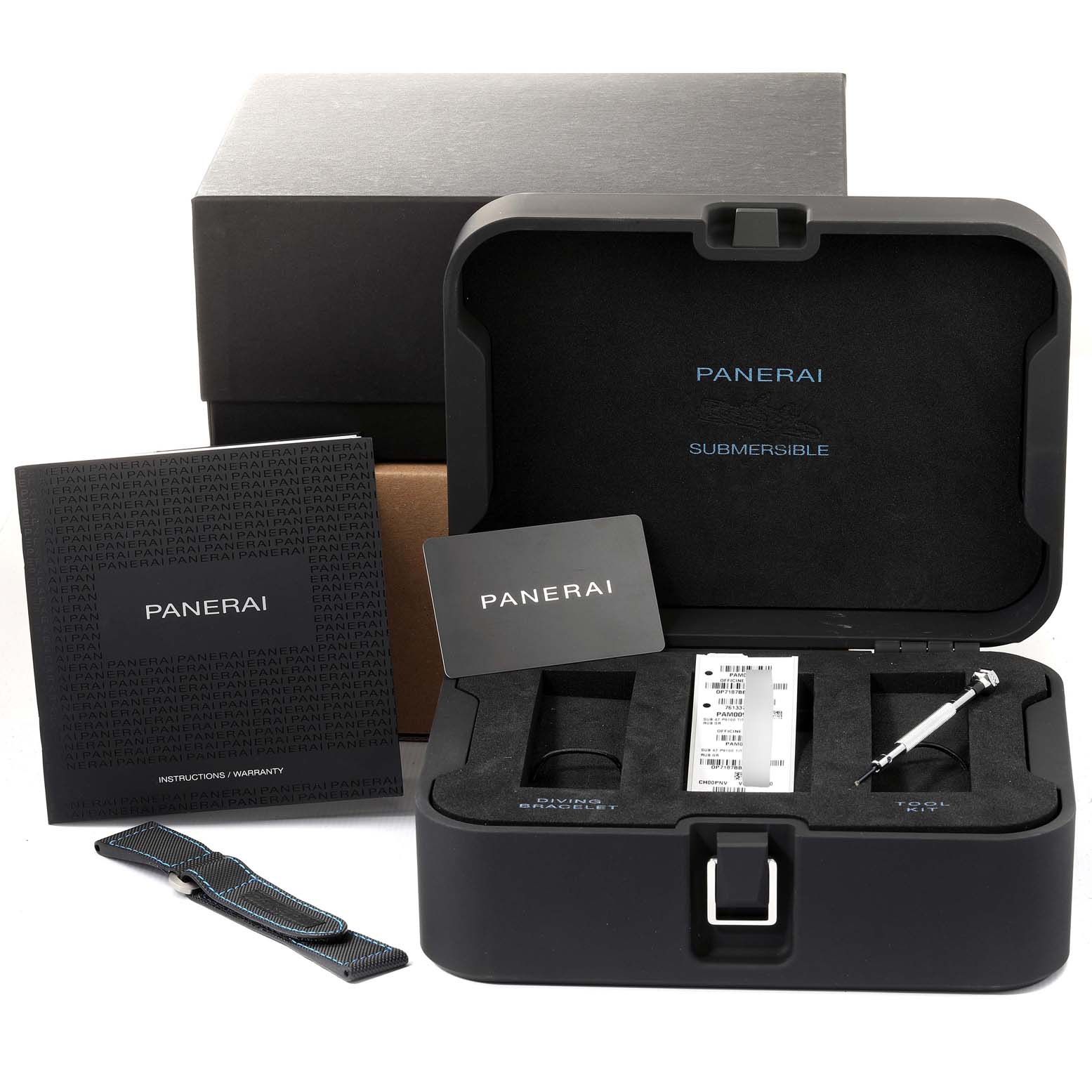 The image shows the packaging, warranty cards, and toolkit for a Panerai Submersible PAM00982 Men's Titanium Grey Dial PAM00982 Men's Titanium Grey Dial watch.