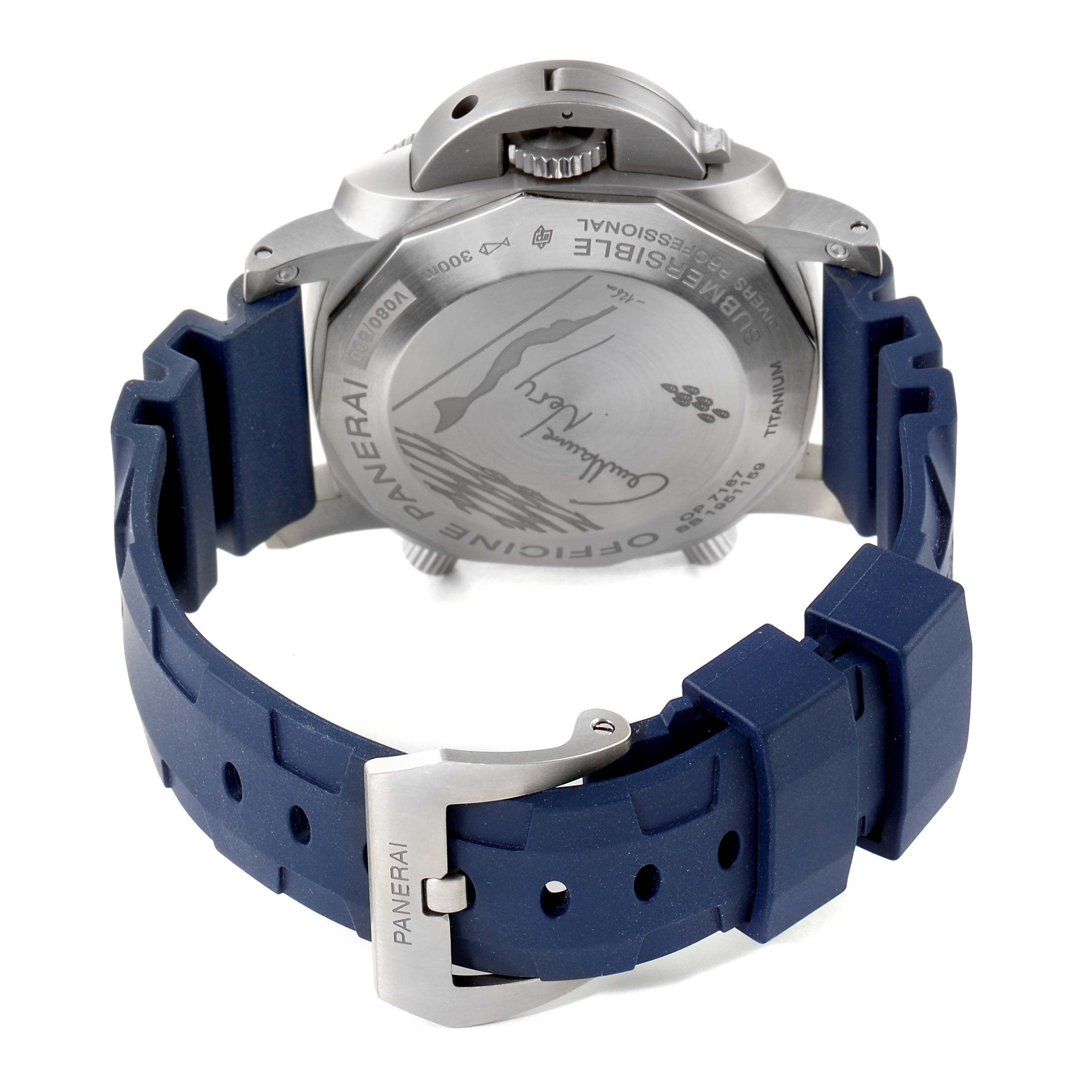 The image shows the back case and blue rubber strap of the Panerai Submersible PAM00982 Men's Titanium Grey Dial PAM00982 Men's Titanium Grey Dial watch.