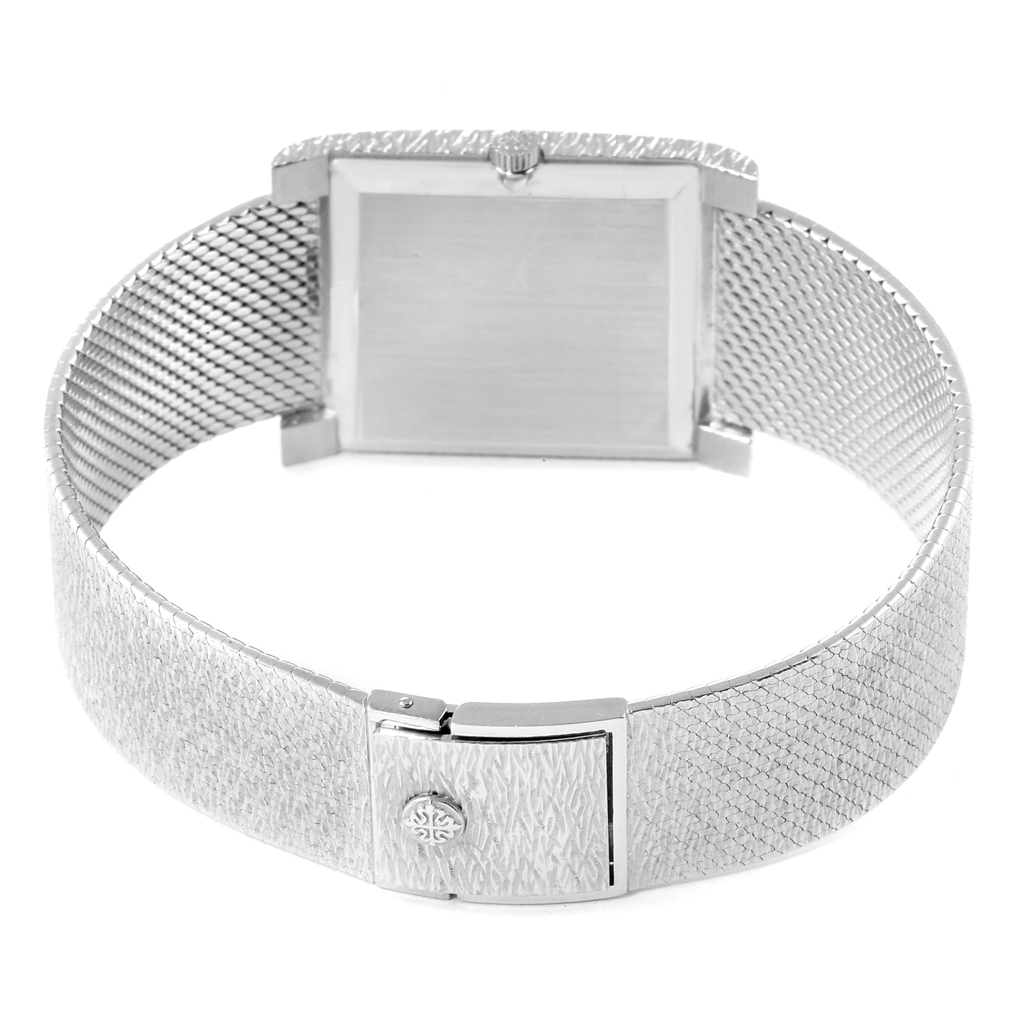 This image shows the back view of a Vintage Patek Philippe watch, displaying the clasp and bracelet.