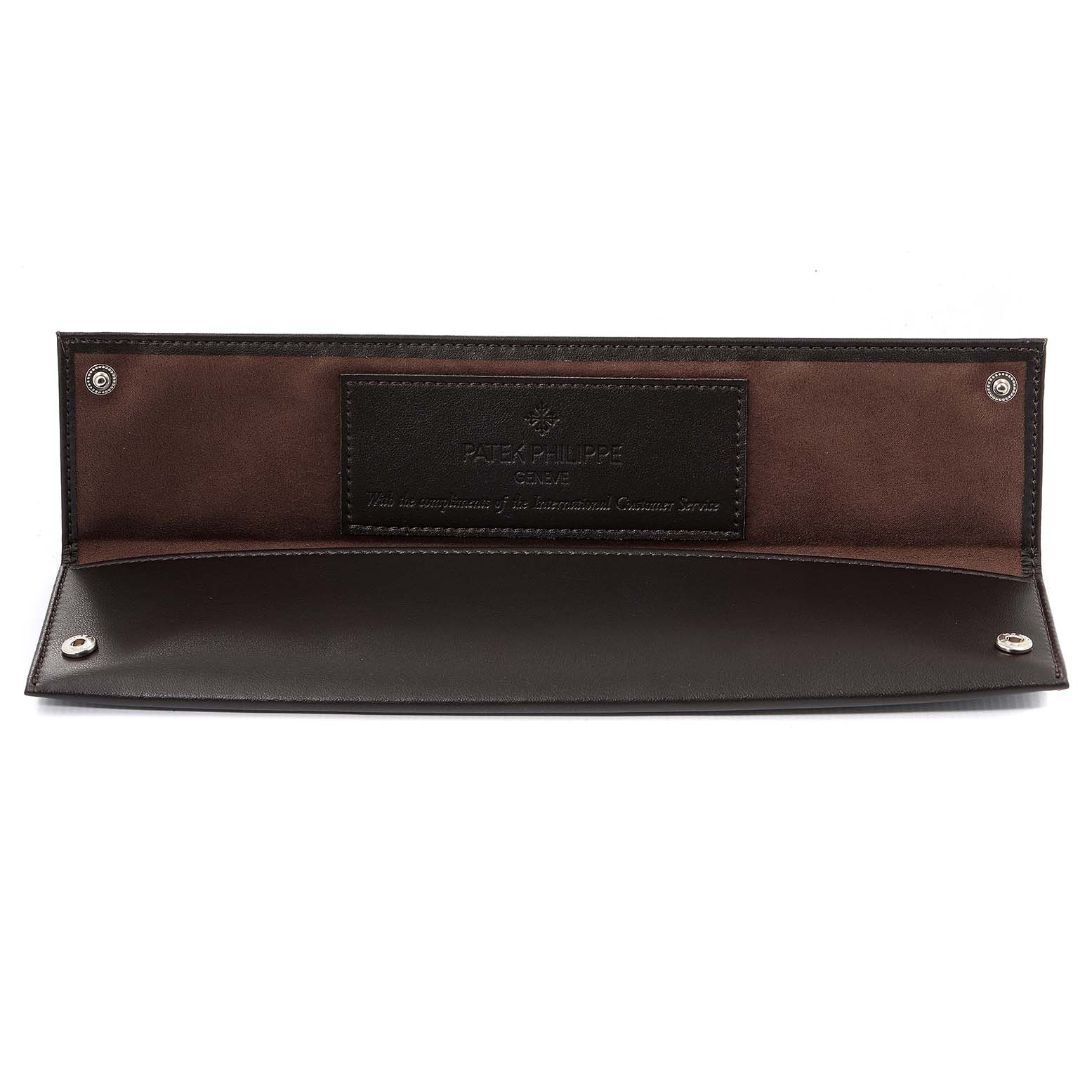 The image shows a brown leather case or pouch for a Patek Philippe 3982/11 Women's Yellow Gold  3982/11 Women's Yellow Gold  3982 Ladies Watch, with the brand's logo inside.