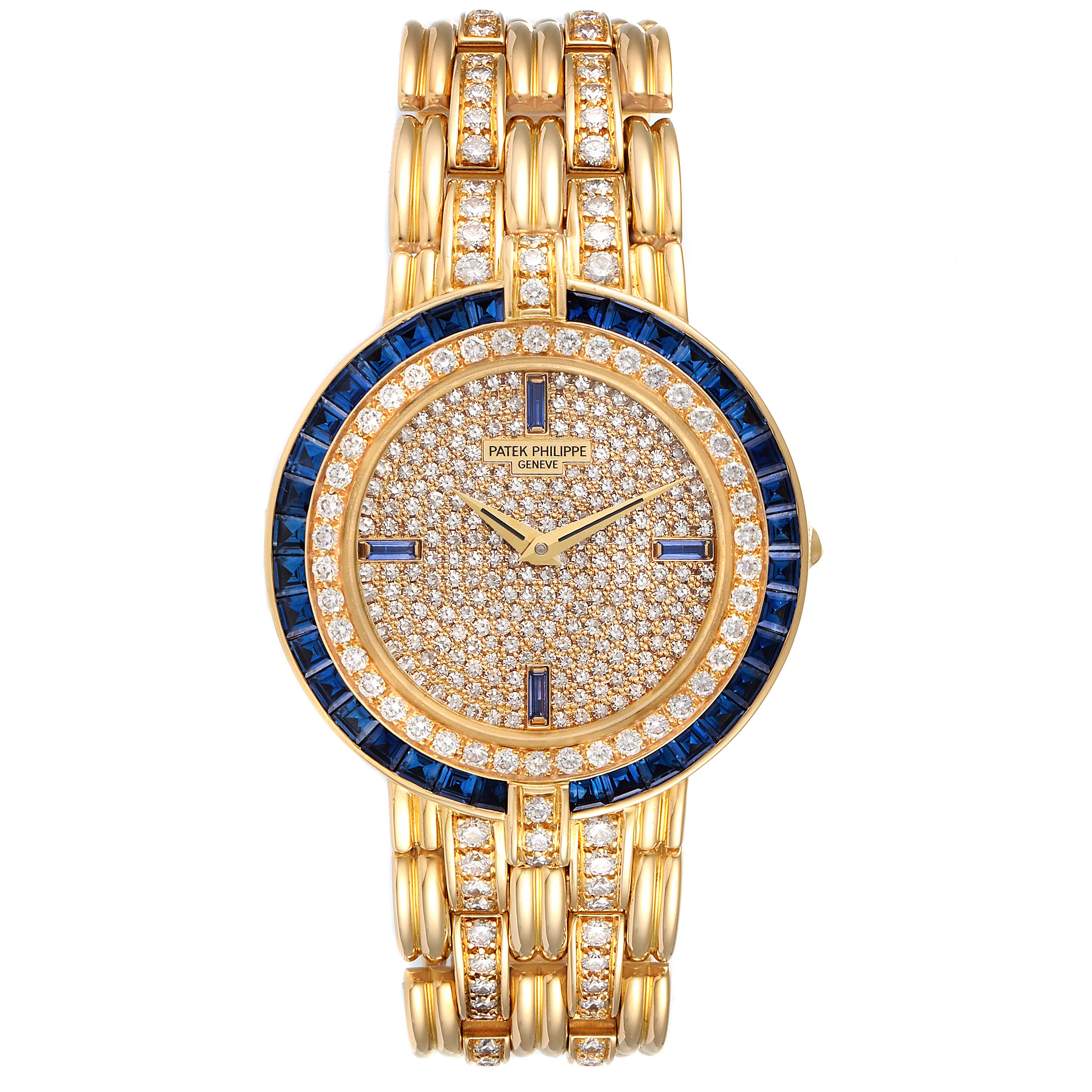 The image shows a front view of the Patek Philippe 3982/11 Women's Yellow Gold  3982/11 Women's Yellow Gold  3982 18k Yellow Gold Diamond Sapphires Ladies Watch, highlighting its dial, bezel, and bracelet.