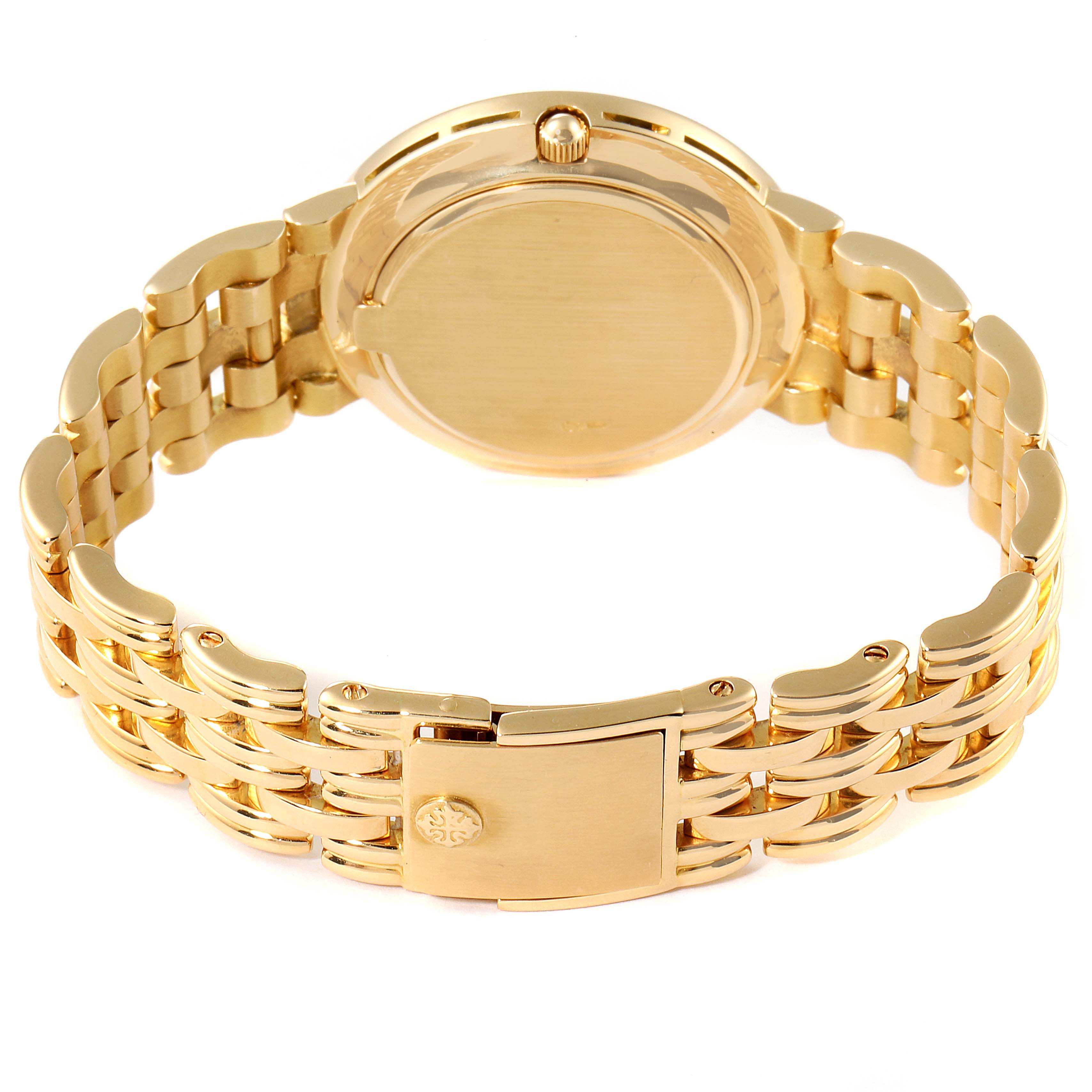 The image shows the back view of a Patek Philippe 3982/11 Women's Yellow Gold  3982/11 Women's Yellow Gold  3982 model ladies watch, highlighting its 18k yellow gold case and bracelet.