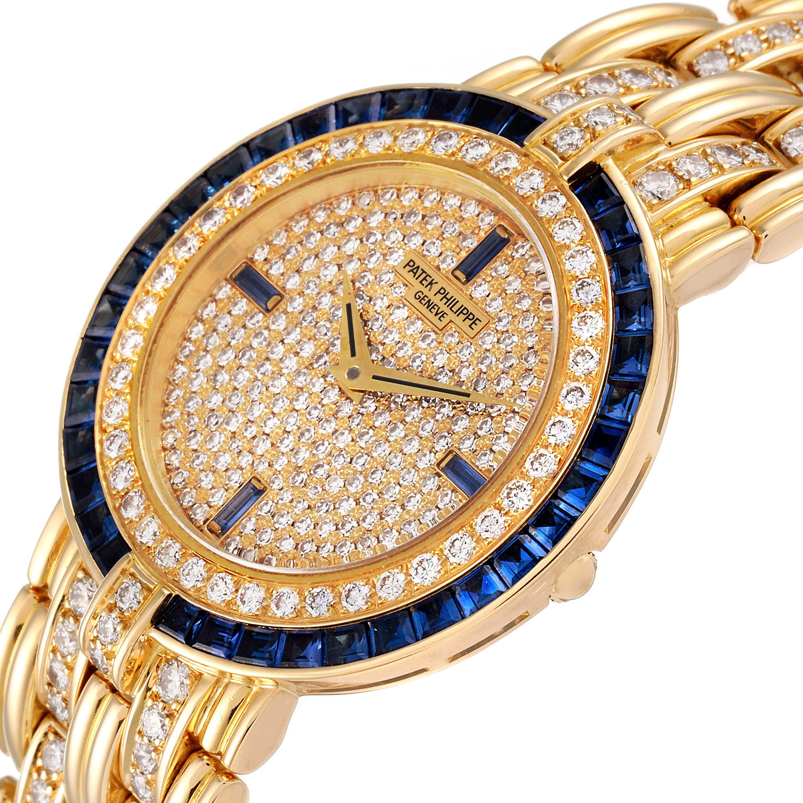 This image shows a close-up angle of the face and part of the band of the Patek Philippe 3982/11 Women's Yellow Gold  3982/11 Women's Yellow Gold  3982 model 18k Yellow Gold Diamond Sapphires Ladies Watch.