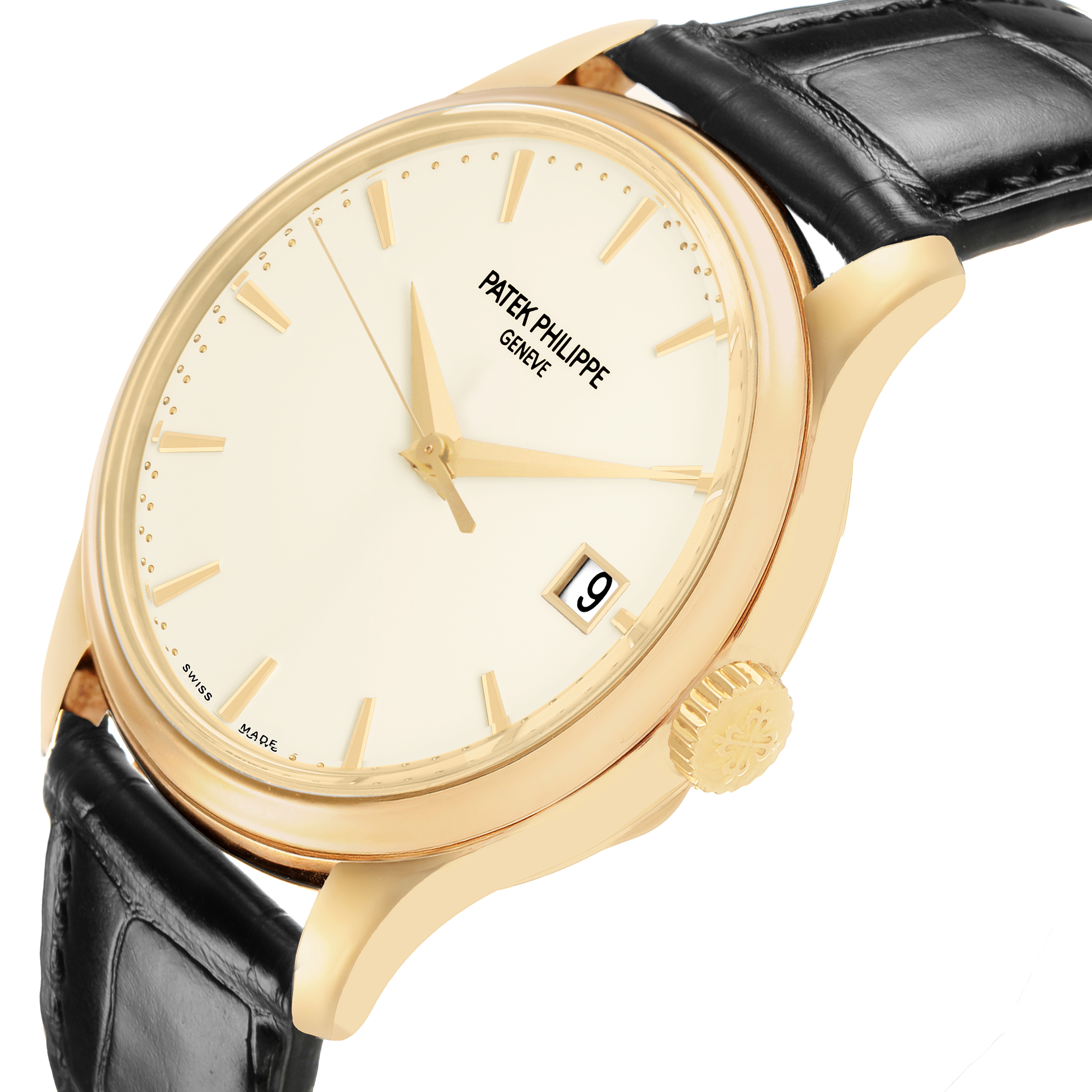 The Patek Philippe Calatrava 5227J Men's Yellow Gold White Dial watch is shown at a slightly elevated angle, highlighting the face, crown, and leather strap.
