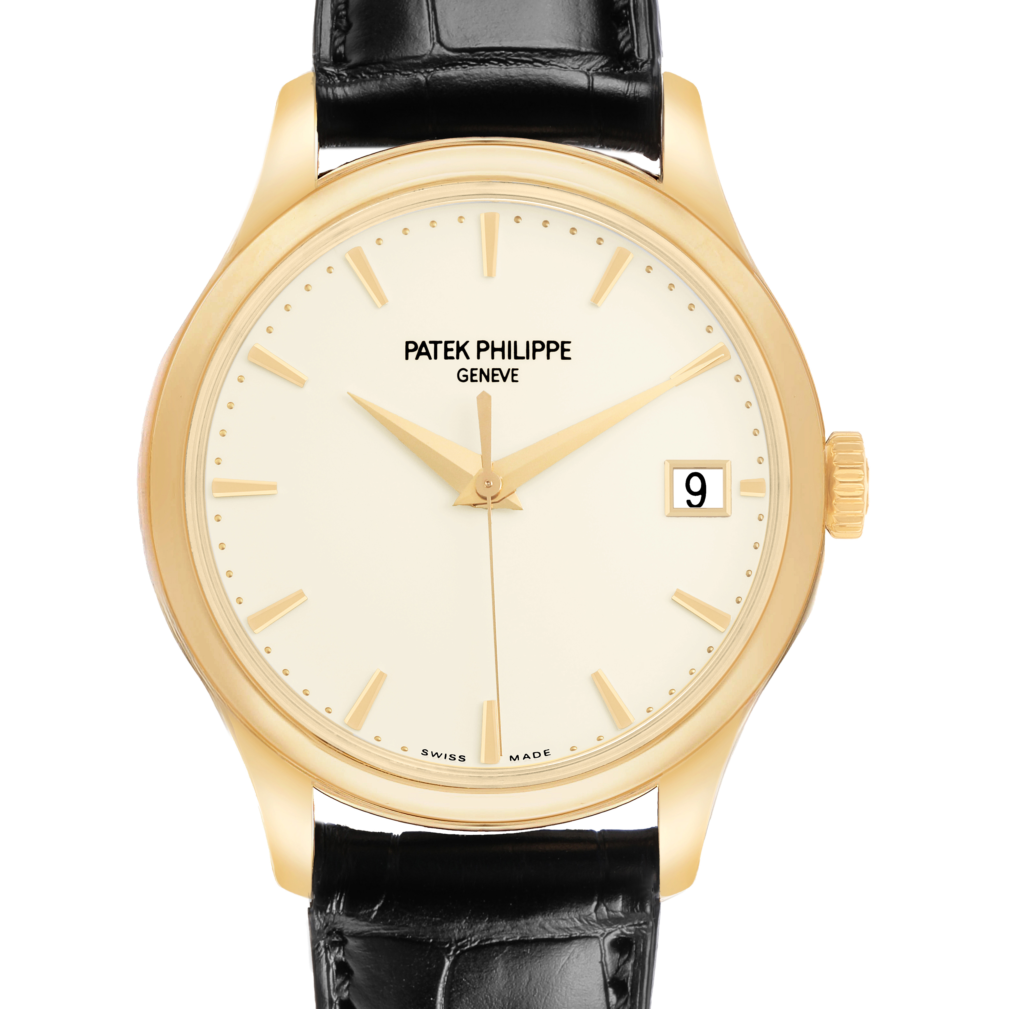The Patek Philippe Calatrava 5227J Men's Yellow Gold White Dial watch is shown from a front angle, displaying the dial, hands, date, and bezel clearly.