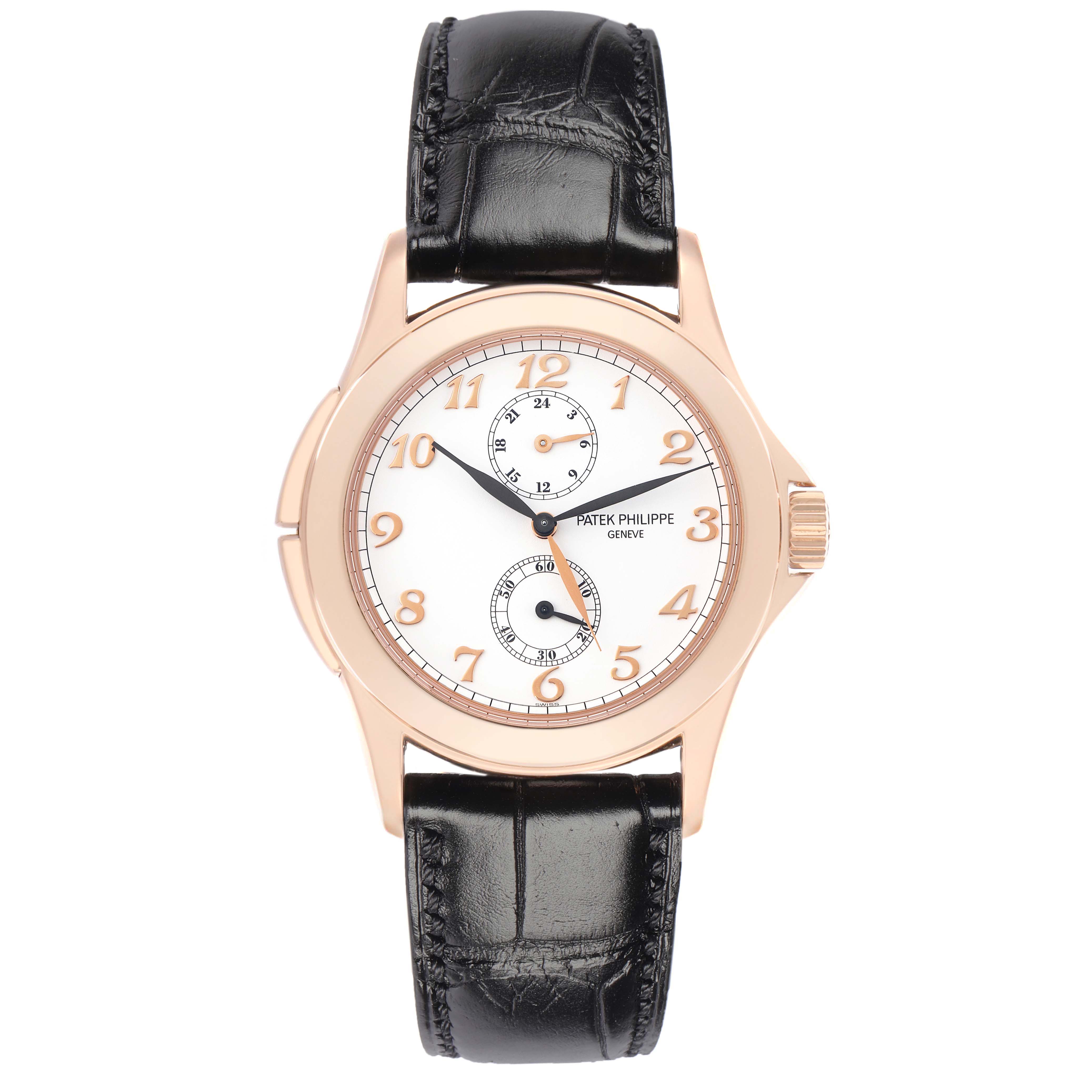 The Patek Philippe Calatrava 5134R Men
s Rose Gold White Dial watch is shown from a top-down angle, displaying its face, bezel, and leather strap.