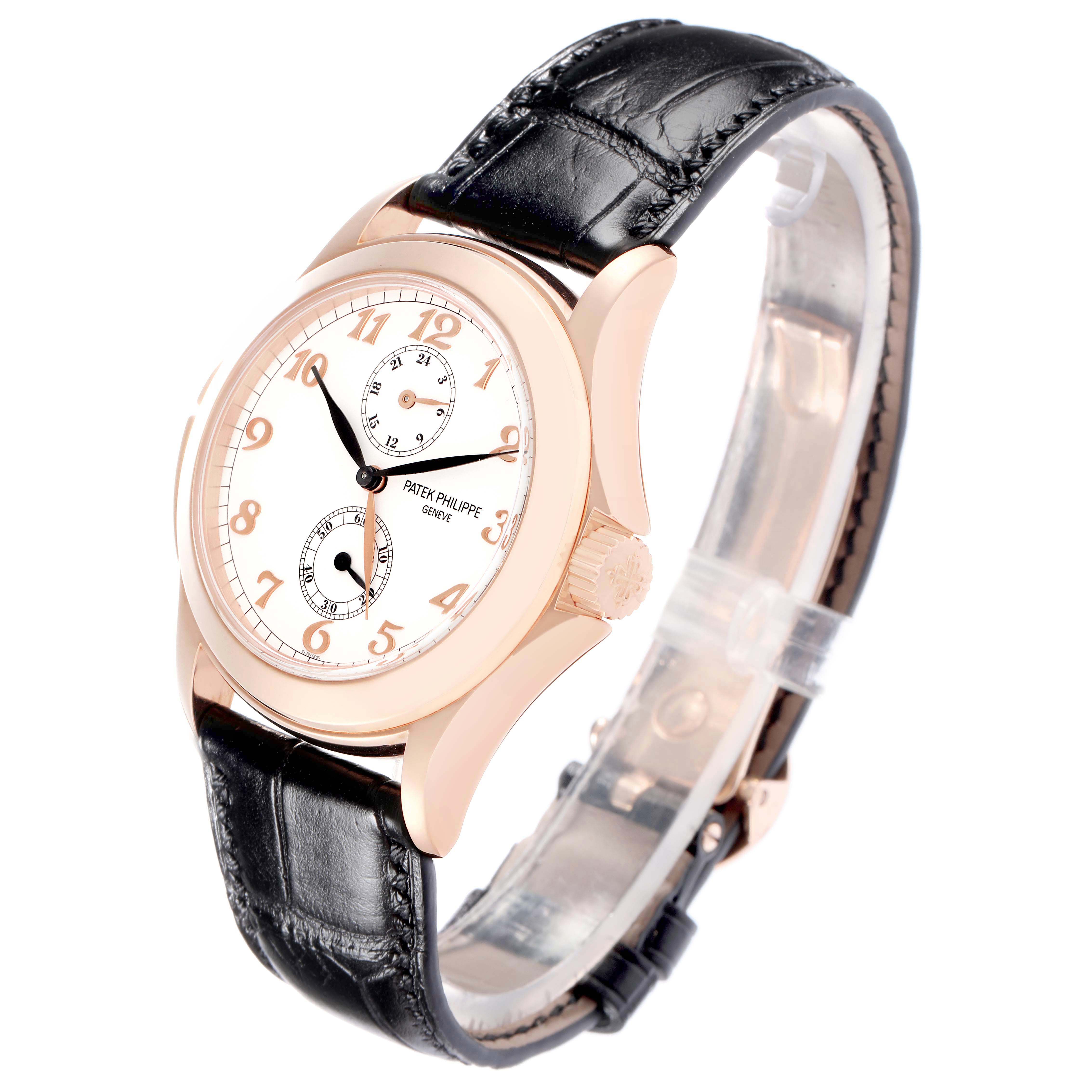 The Patek Philippe Calatrava 5134R Men
s Rose Gold White Dial watch is shown at a three-quarter angle, displaying the dial, crown, and black leather strap.