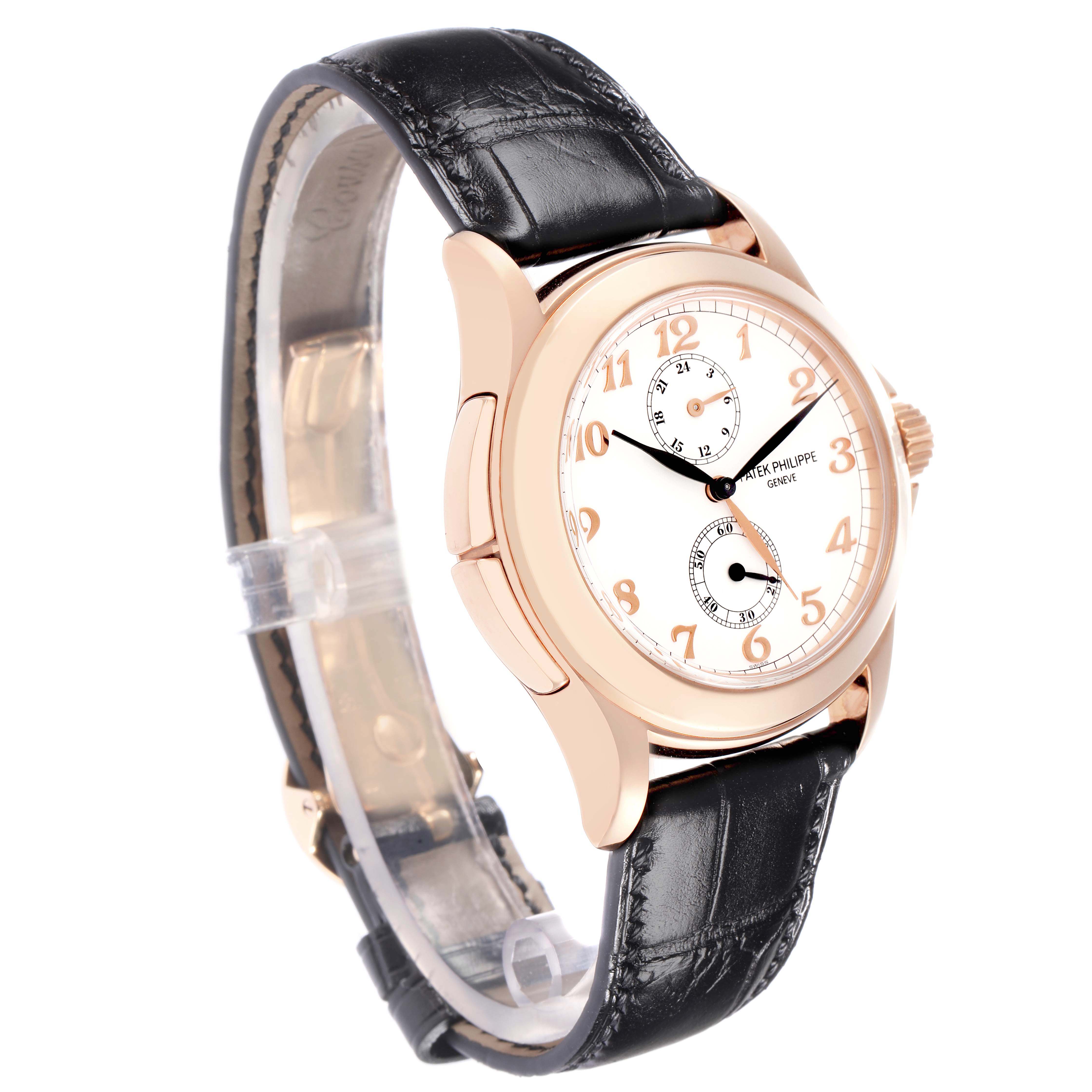 The Patek Philippe Calatrava 5134R Men
s Rose Gold White Dial watch is shown at a three-quarter angle, with a black leather strap and a white dial visible.