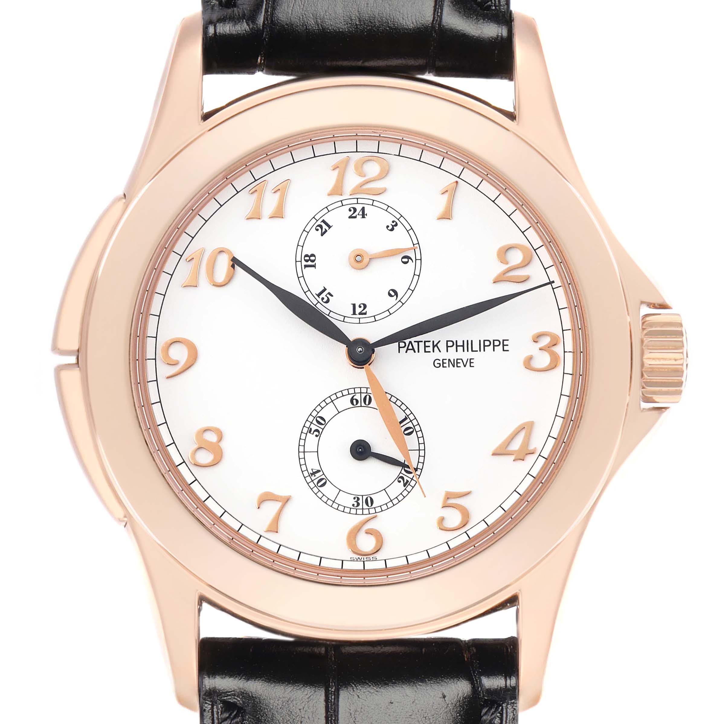 The Patek Philippe Calatrava 5134R Men
s Rose Gold White Dial watch is shown from a frontal angle, displaying its entire face, hands, and part of the strap.