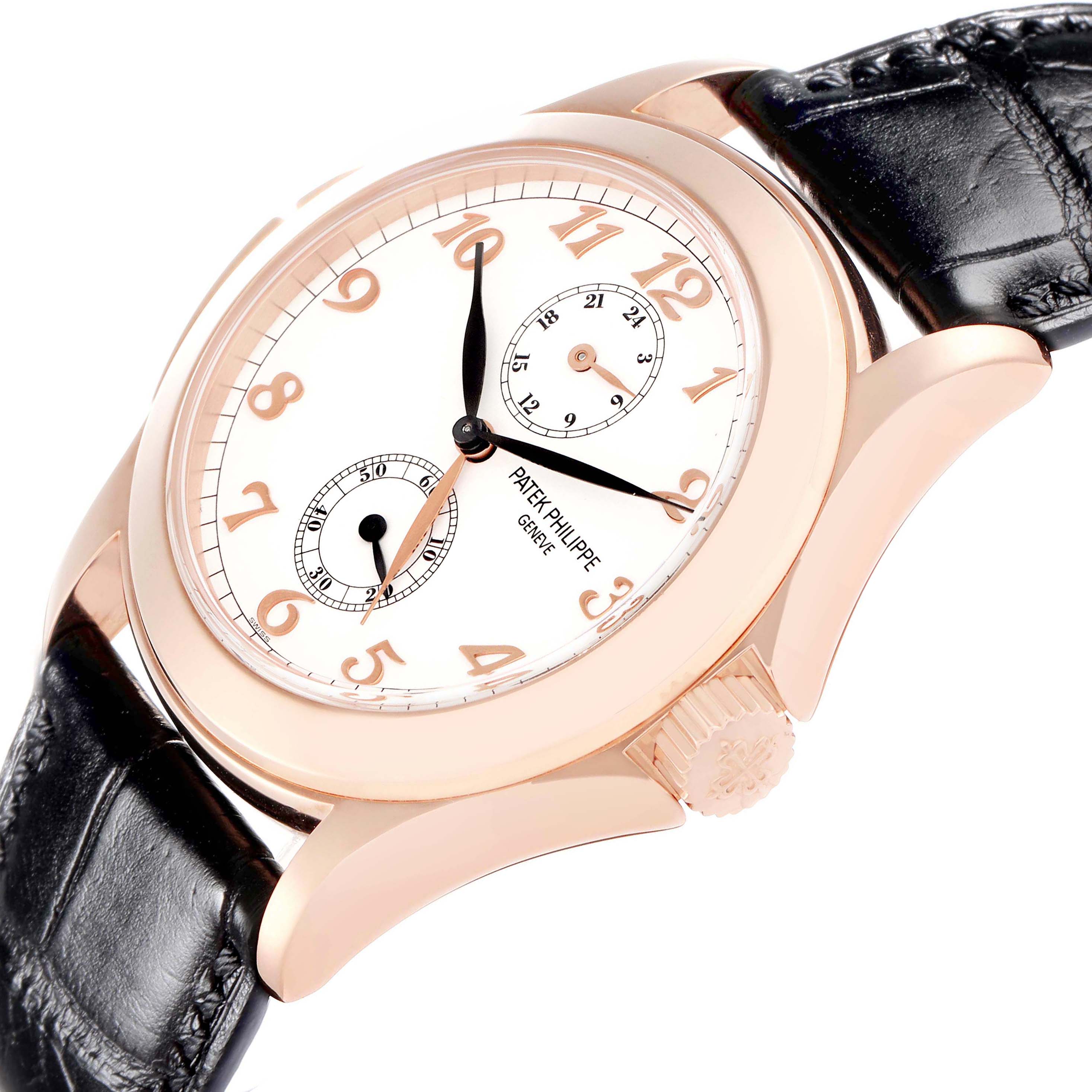 The image shows a Patek Philippe Calatrava 5134R Men
s Rose Gold White Dial watch at a slight angle, highlighting the rose gold case, crown, and black leather strap.
