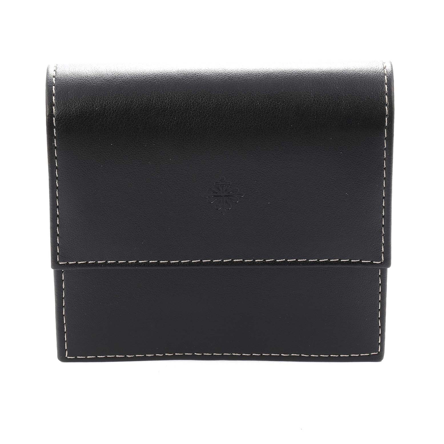 The image shows a black leather watch pouch for a Patek Philippe Calatrava 5134R Men
s Rose Gold White Dial model, viewed from the front.