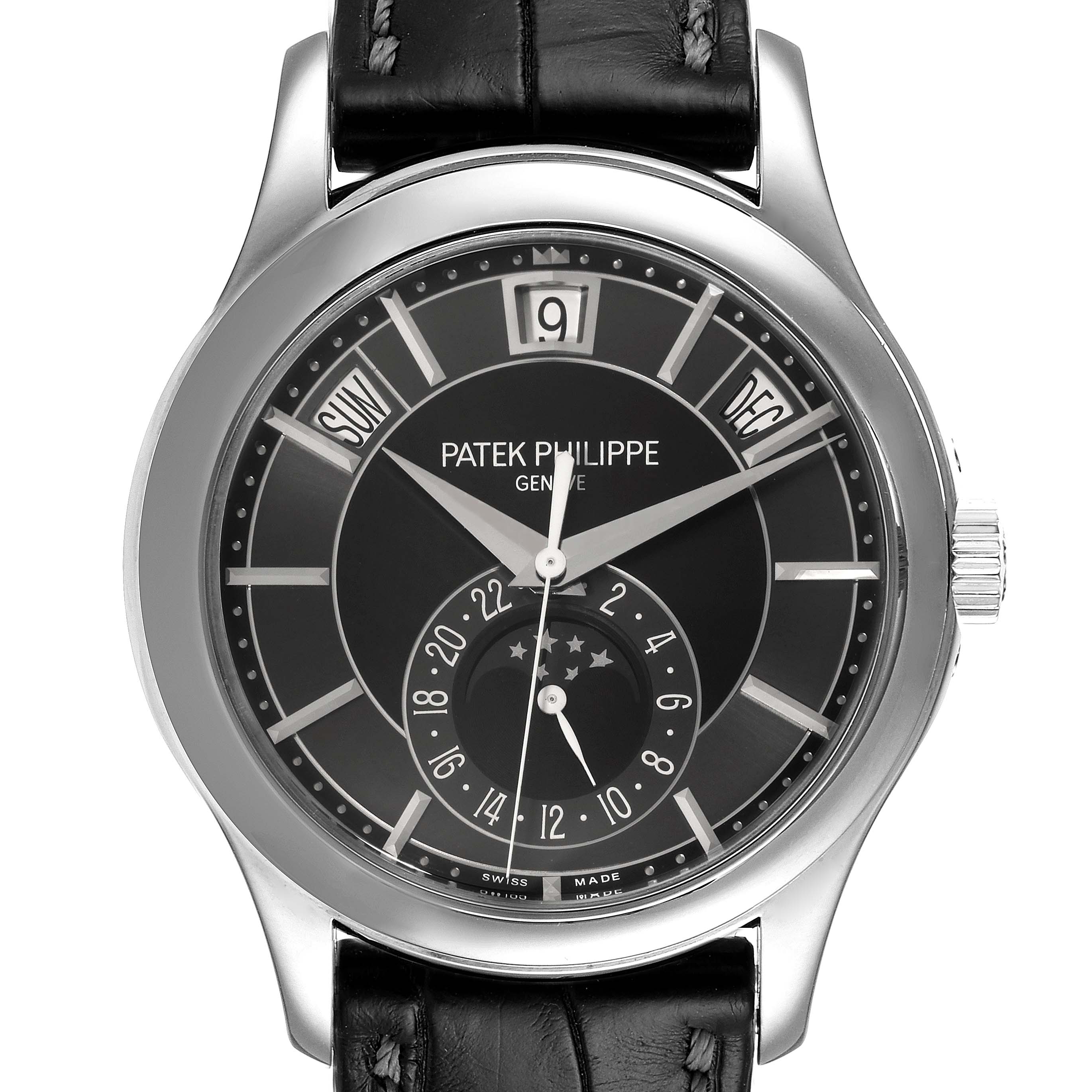 This image shows a front view of a Patek Philippe Complications 5205G - 010 Men's White Gold Grey Dial 5205G - 010 Men's White Gold Grey Dial model watch, featuring its face, bezel, and part of the strap.