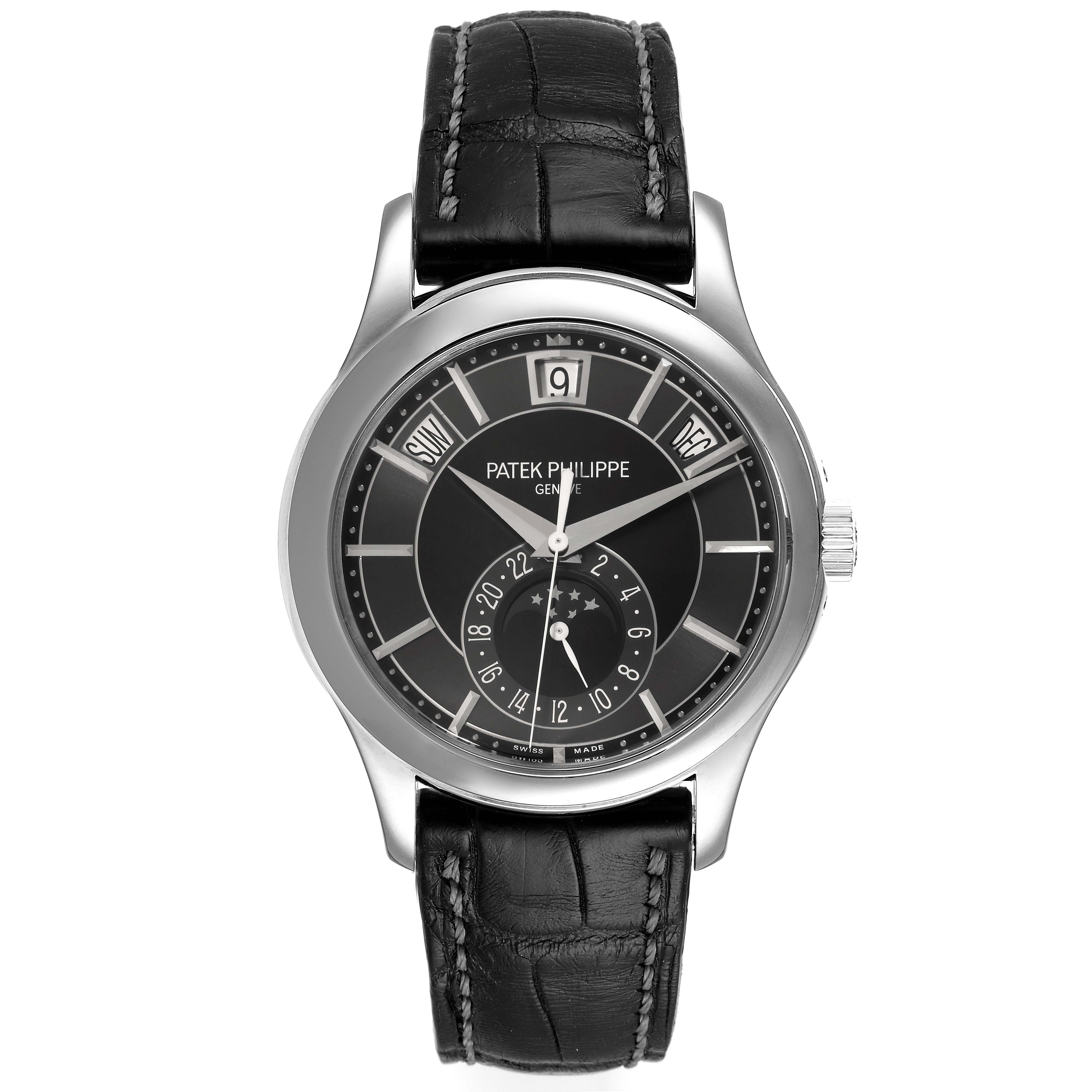 This image shows a front view of the Patek Philippe Complications 5205G - 010 Men's White Gold Grey Dial 5205G - 010 Men's White Gold Grey Dial watch, highlighting the dial, hands, and leather strap.