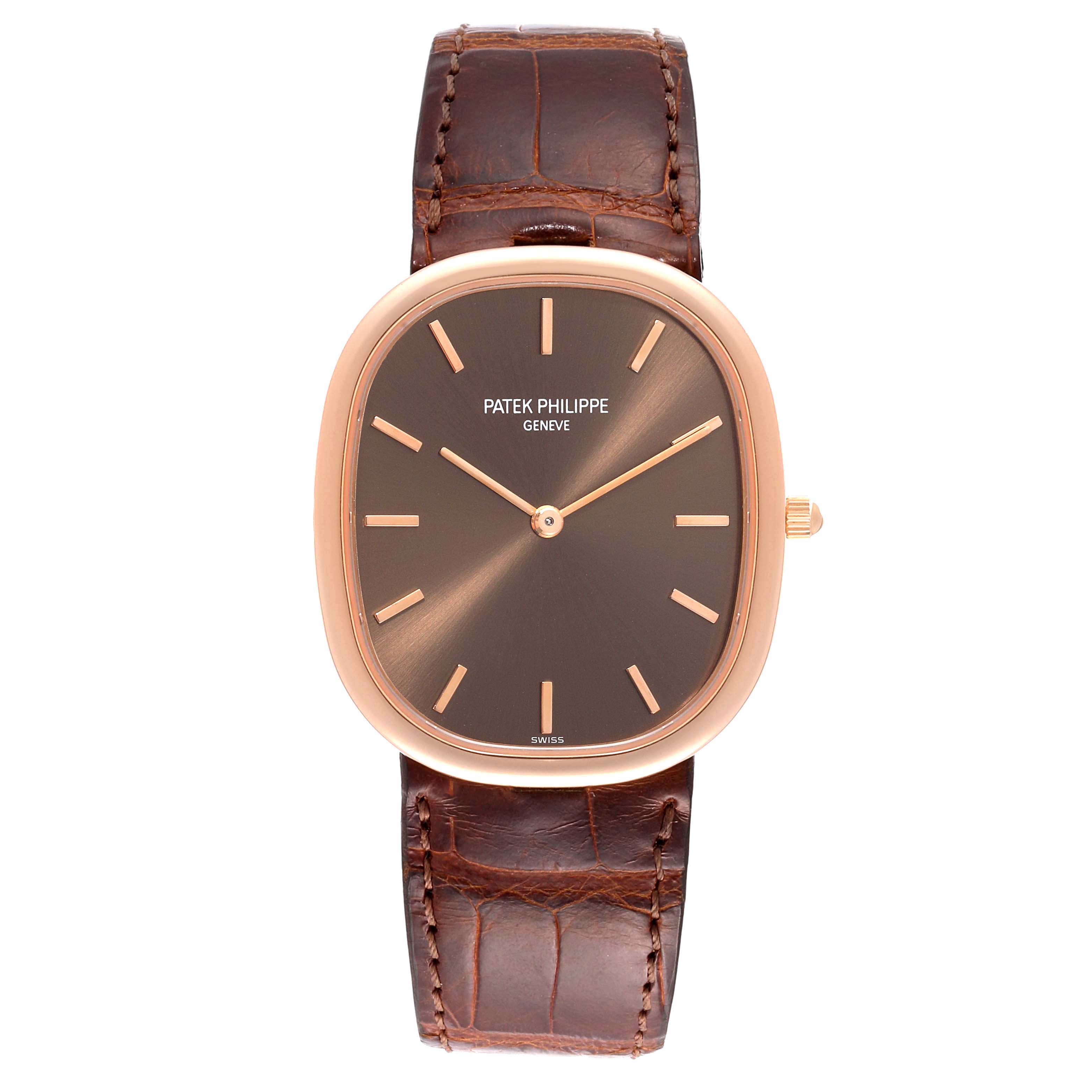 This is a front view of the Patek Philippe Golden Ellipse 3738/100R-001 Men's Rose Gold Brown Dial 3738/100R-001 Men's Rose Gold Brown Dial watch featuring a brown dial and leather strap.