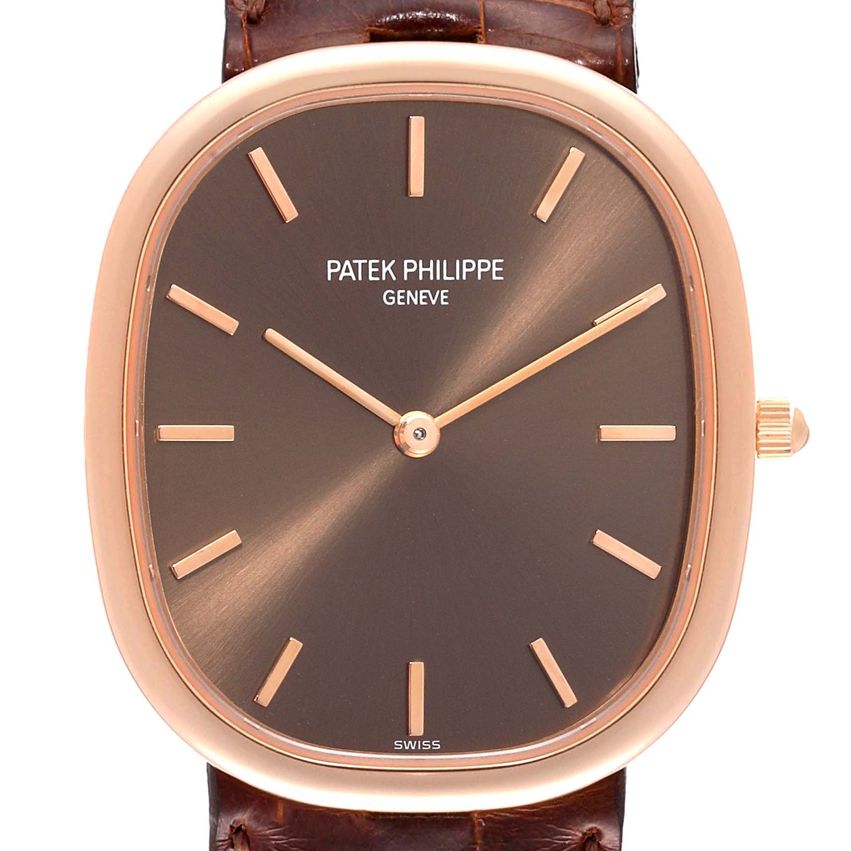 This is a front view of a Patek Philippe Golden Ellipse 3738/100R-001 Men's Rose Gold Brown Dial 3738/100R-001 Men's Rose Gold Brown Dial watch showing the dial, hands, and crown.