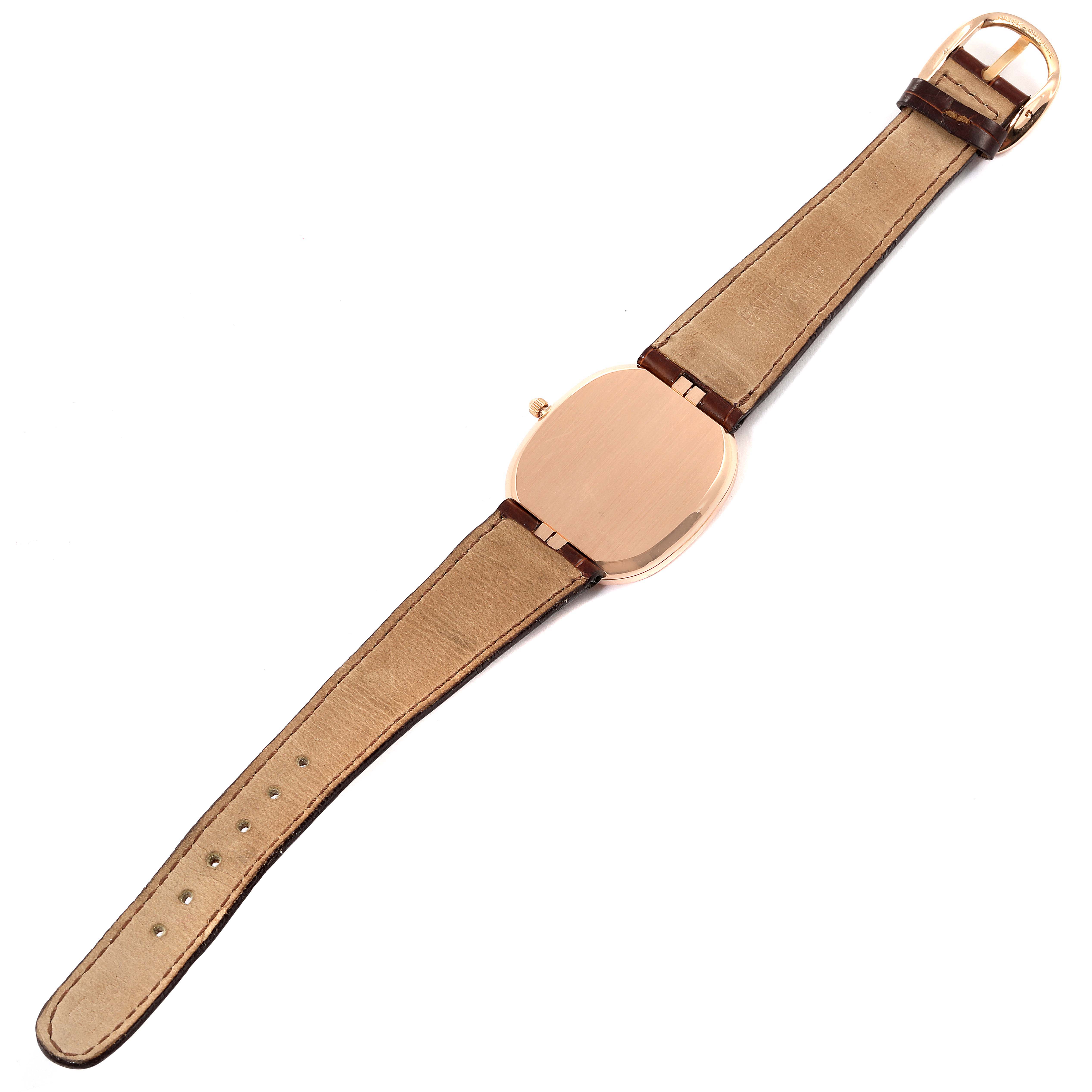 This image shows the back view of a Patek Philippe Golden Ellipse 3738/100R-001 Men's Rose Gold Brown Dial 3738/100R-001 Men's Rose Gold Brown Dial watch, highlighting the strap and clasp.