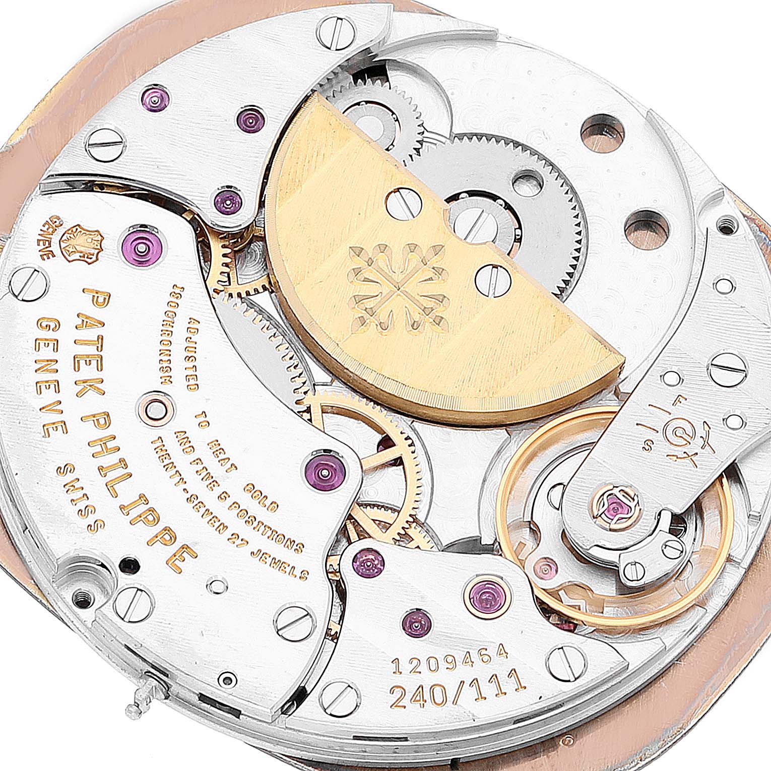 The image shows the intricate movement mechanism of the Patek Philippe Golden Ellipse 3738/100R-001 Men's Rose Gold Brown Dial 3738/100R-001 Men's Rose Gold Brown Dial watch from a top-down angle.