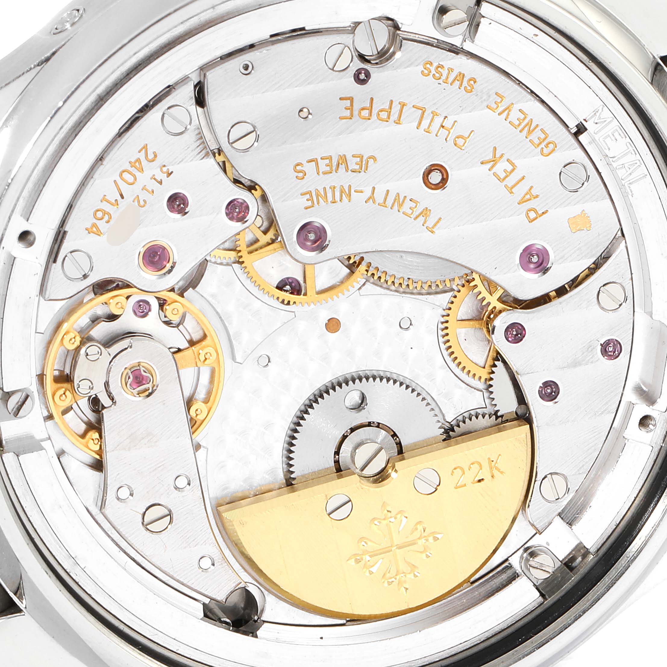 This image shows the back view of the Patek Philippe Neptune 5085A/1A-001 Men's Stainless Steel Black Dial 5085A/1A-001 Men's Stainless Steel Black Dial watch, highlighting its intricate movement and internal components.