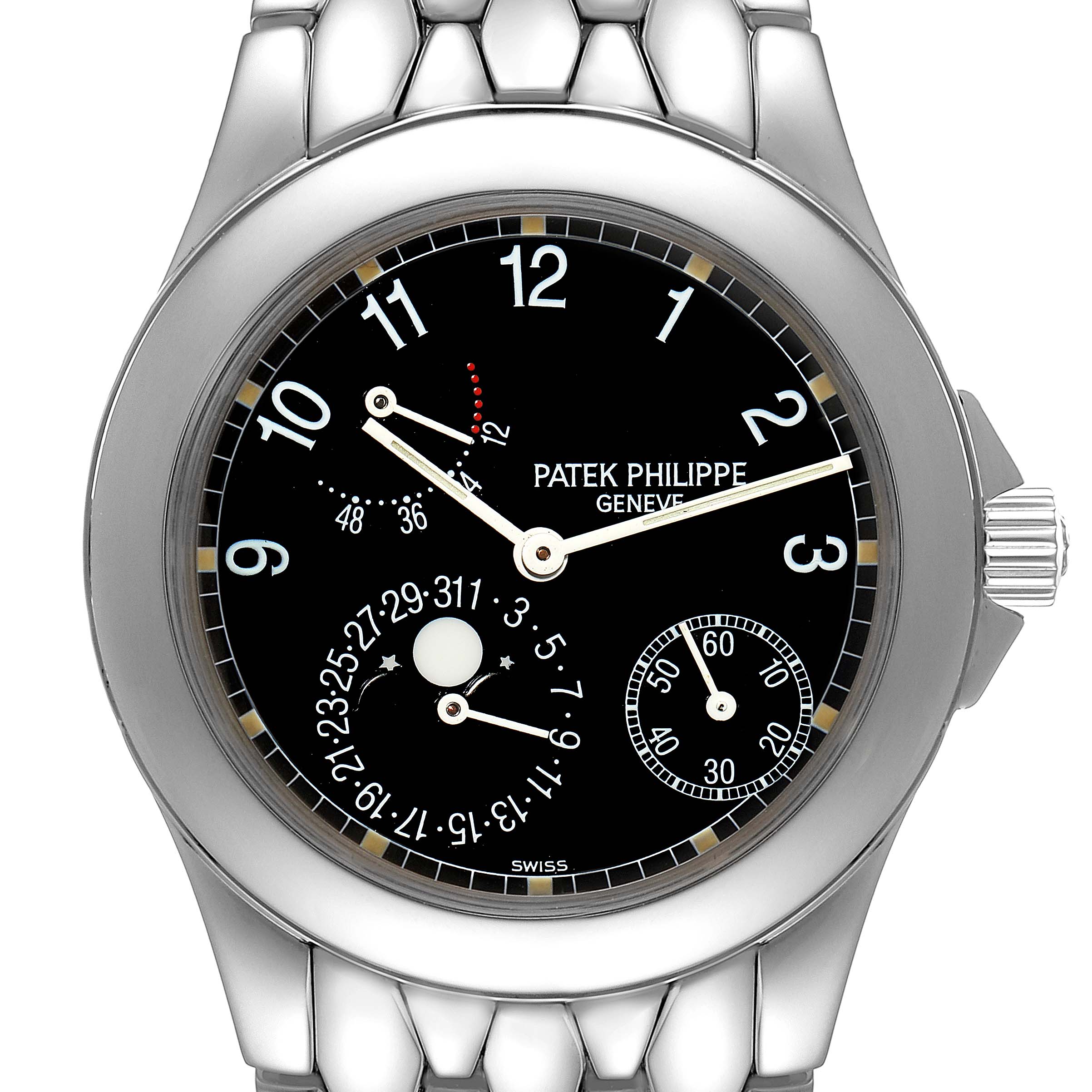 The image shows a frontal view of the Patek Philippe Neptune 5085A/1A-001 Men's Stainless Steel Black Dial 5085A/1A-001 Men's Stainless Steel Black Dial model, highlighting its face, dial, and part of the bracelet.