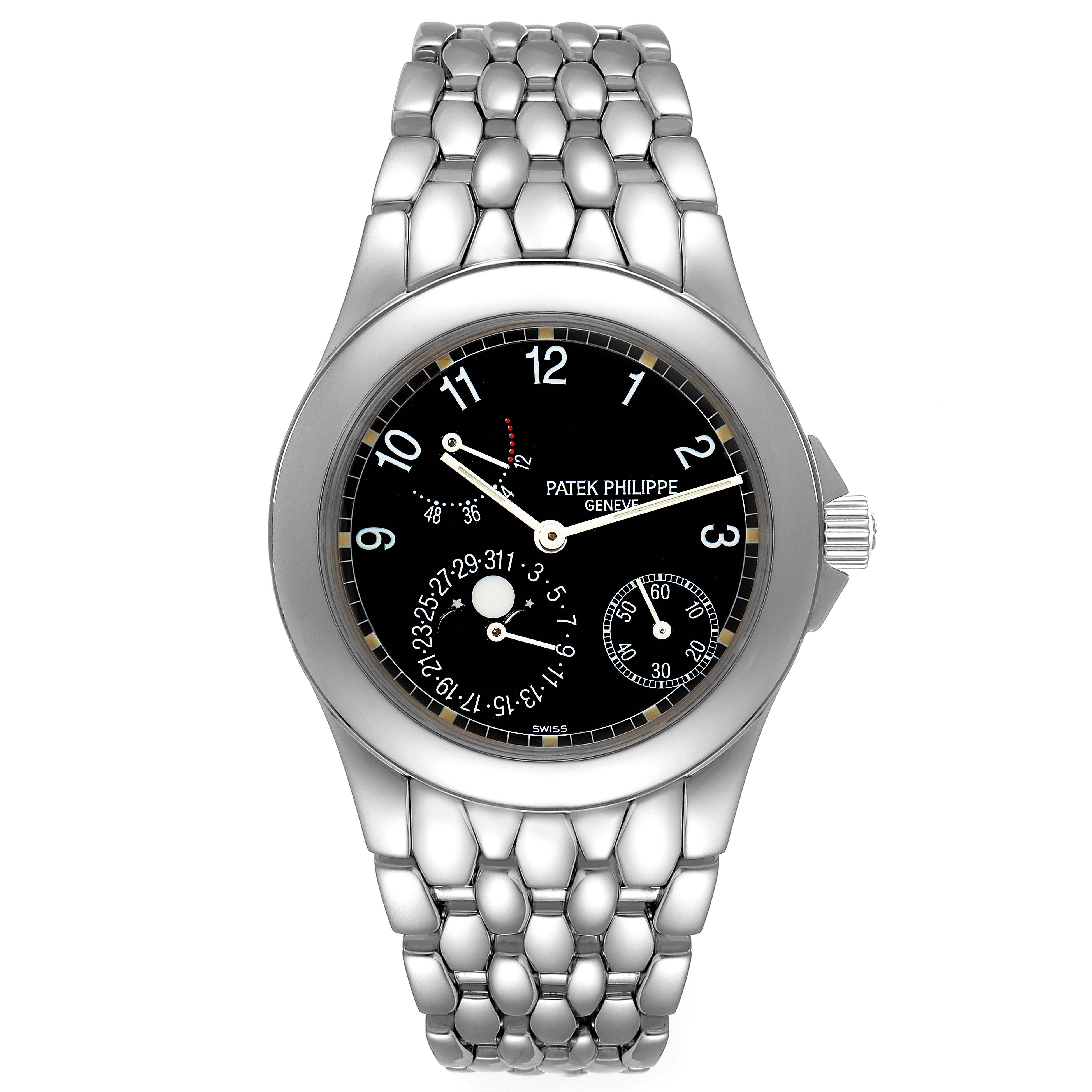 The image shows a frontal view of the Patek Philippe Neptune 5085A/1A-001 Men's Stainless Steel Black Dial 5085A/1A-001 Men's Stainless Steel Black Dial model watch, displaying its face and linked metal bracelet.