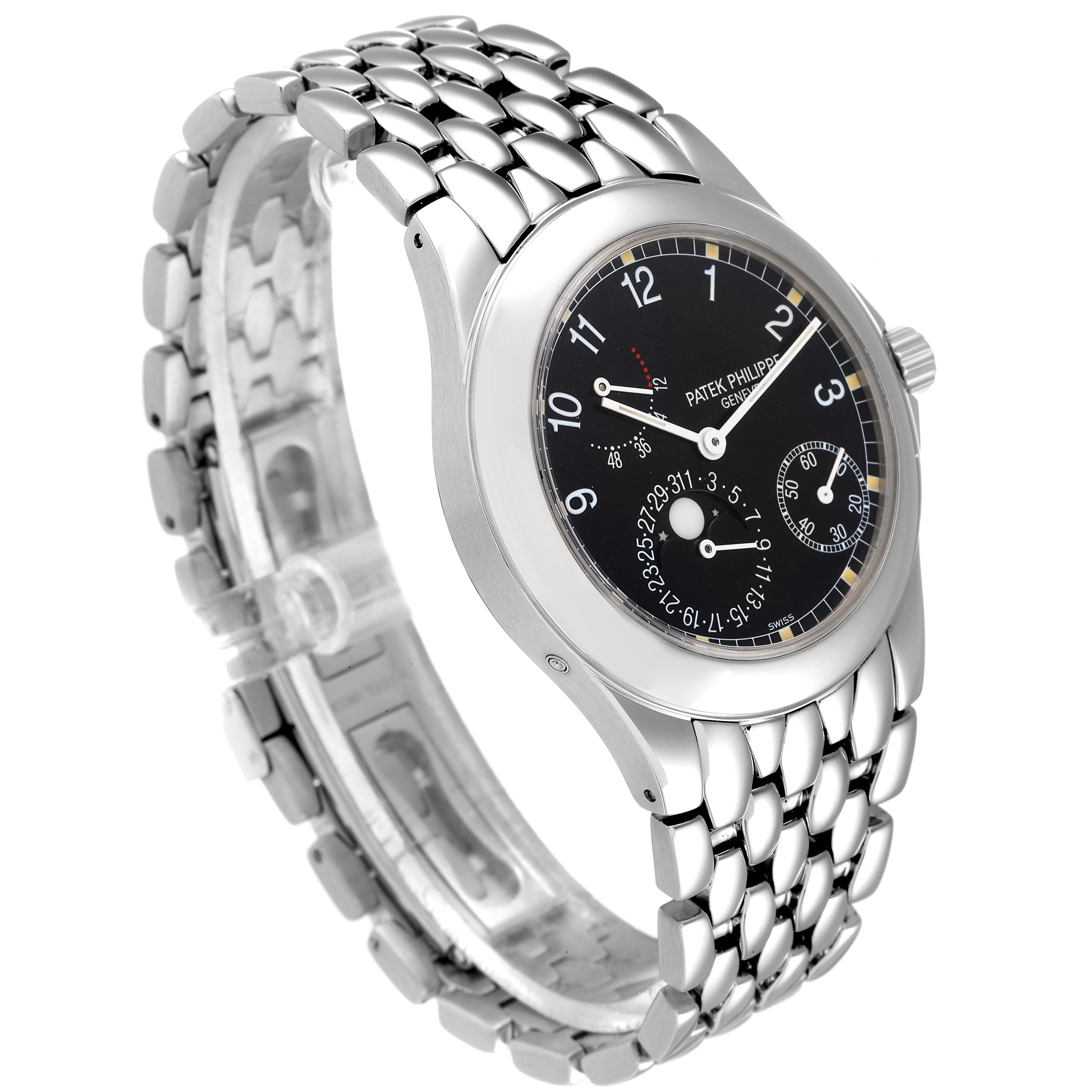 The image shows a side angle of the Patek Philippe Neptune 5085A/1A-001 Men's Stainless Steel Black Dial 5085A/1A-001 Men's Stainless Steel Black Dial model watch, displaying its face, case, and metal bracelet.