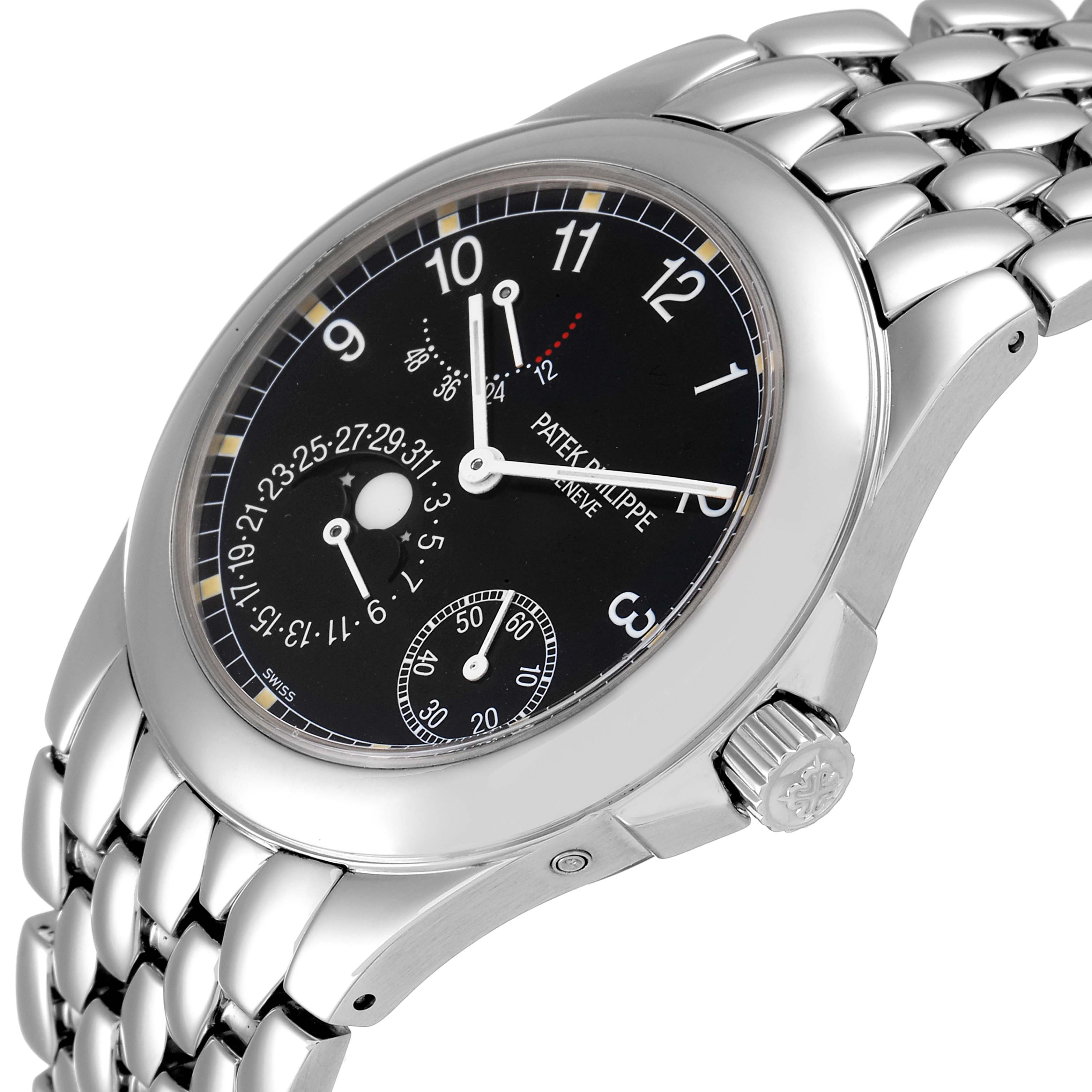 The image shows a close-up side angle of a Patek Philippe Neptune 5085A/1A-001 Men's Stainless Steel Black Dial 5085A/1A-001 Men's Stainless Steel Black Dial model watch, highlighting its black dial, silver case, and bracelet.