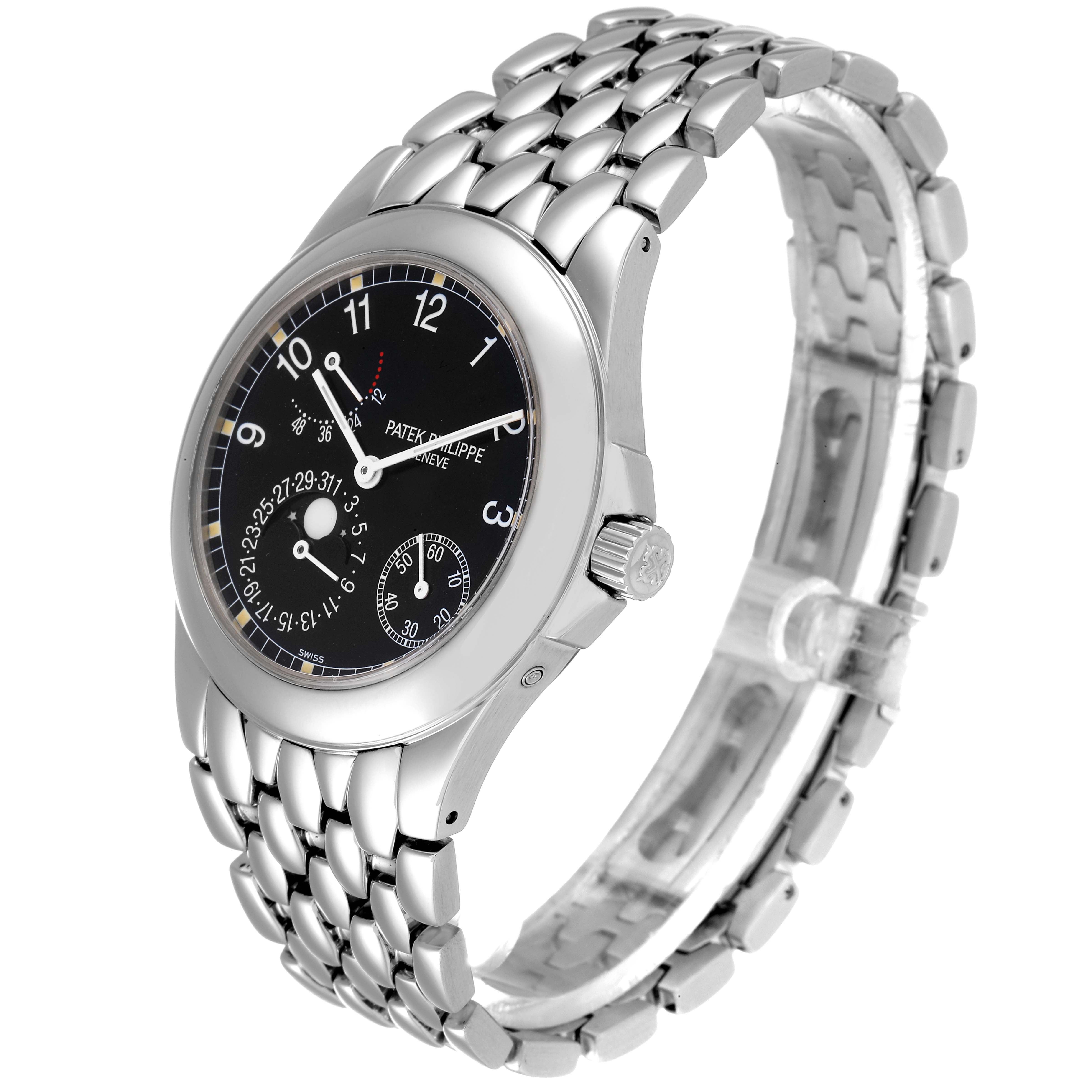 The Patek Philippe Neptune 5085A/1A-001 Men's Stainless Steel Black Dial 5085A/1A-001 Men's Stainless Steel Black Dial model watch is shown from an angled side view highlighting the face, bezel, and bracelet.