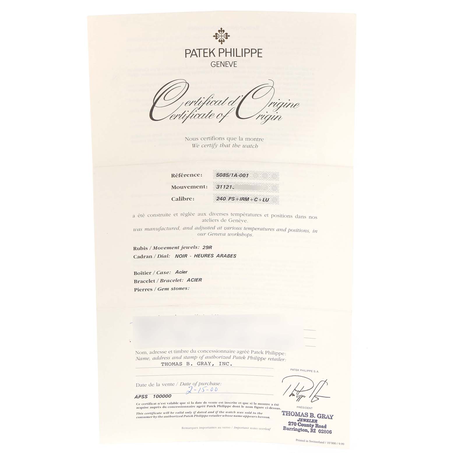 The image shows the Certificate of Origin for the Patek Philippe Neptune 5085A/1A-001 Men's Stainless Steel Black Dial 5085A/1A-001 Men's Stainless Steel Black Dial model watch.