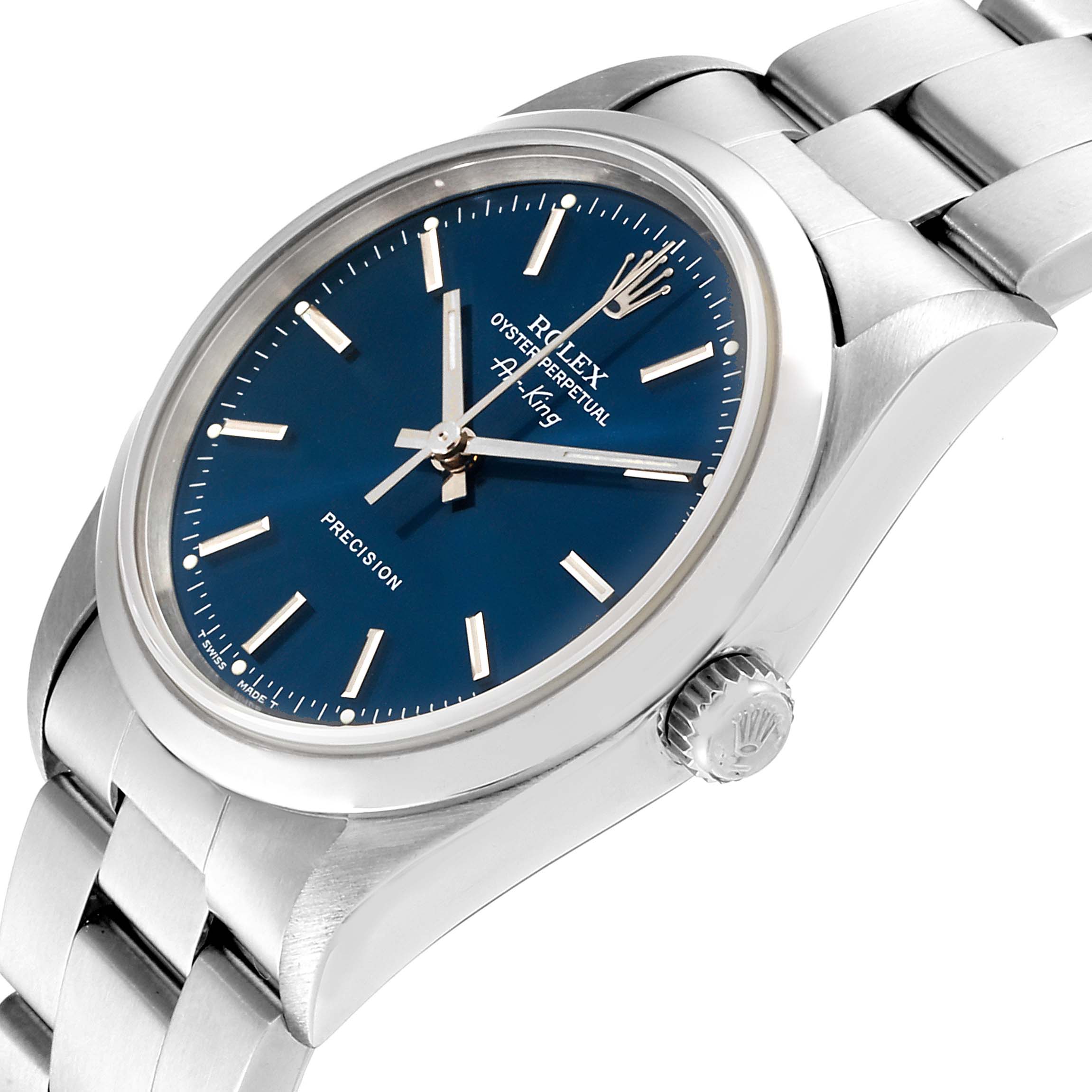 The Rolex Air-King 14000M Men's Stainless Steel Blue Dial 14000M Men's Stainless Steel Blue Dial watch is shown from a three-quarter angle, highlighting the face, bezel, crown, and part of the bracelet.