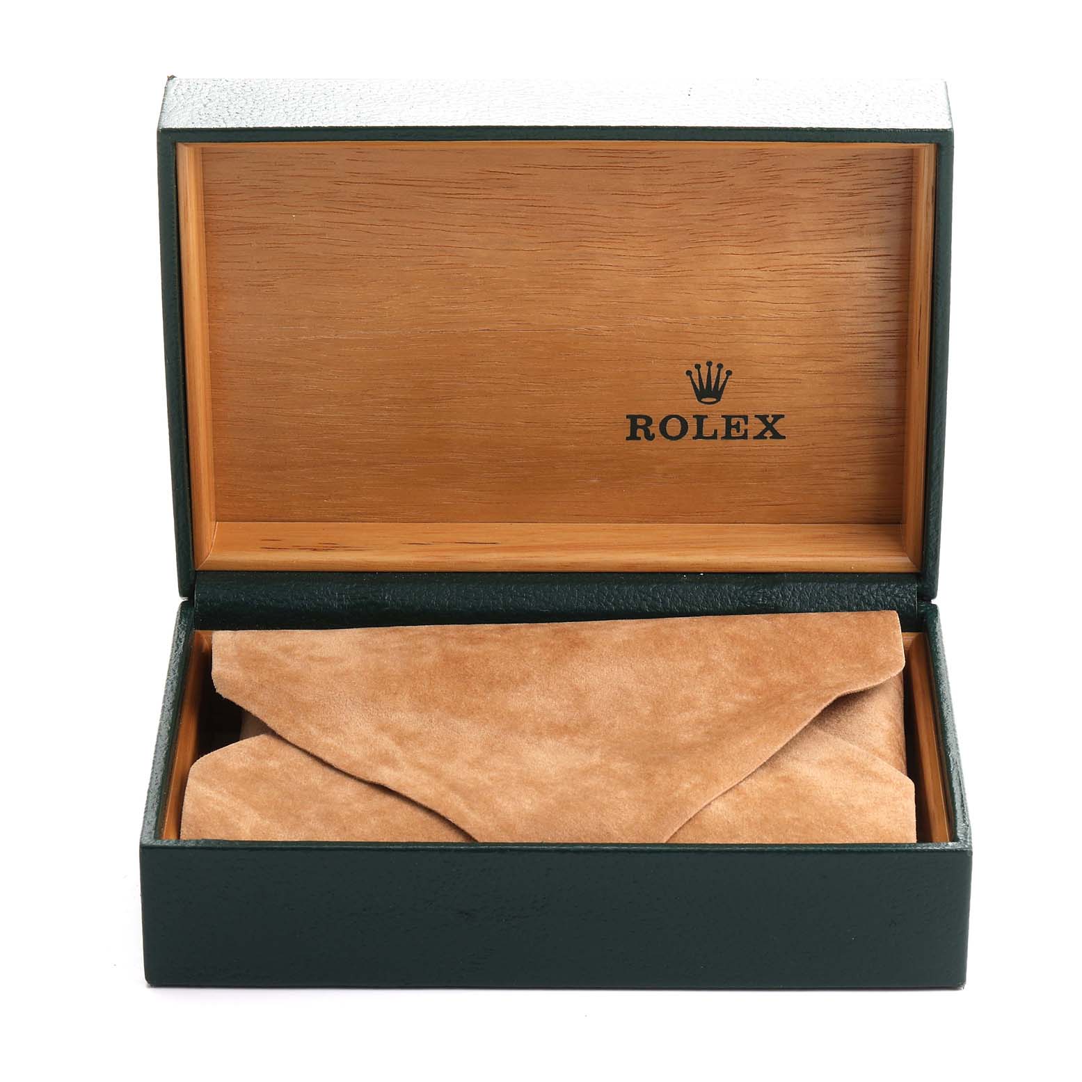 The image shows an open Rolex watch box with the Air-King model inside, wrapped in a suede cover.