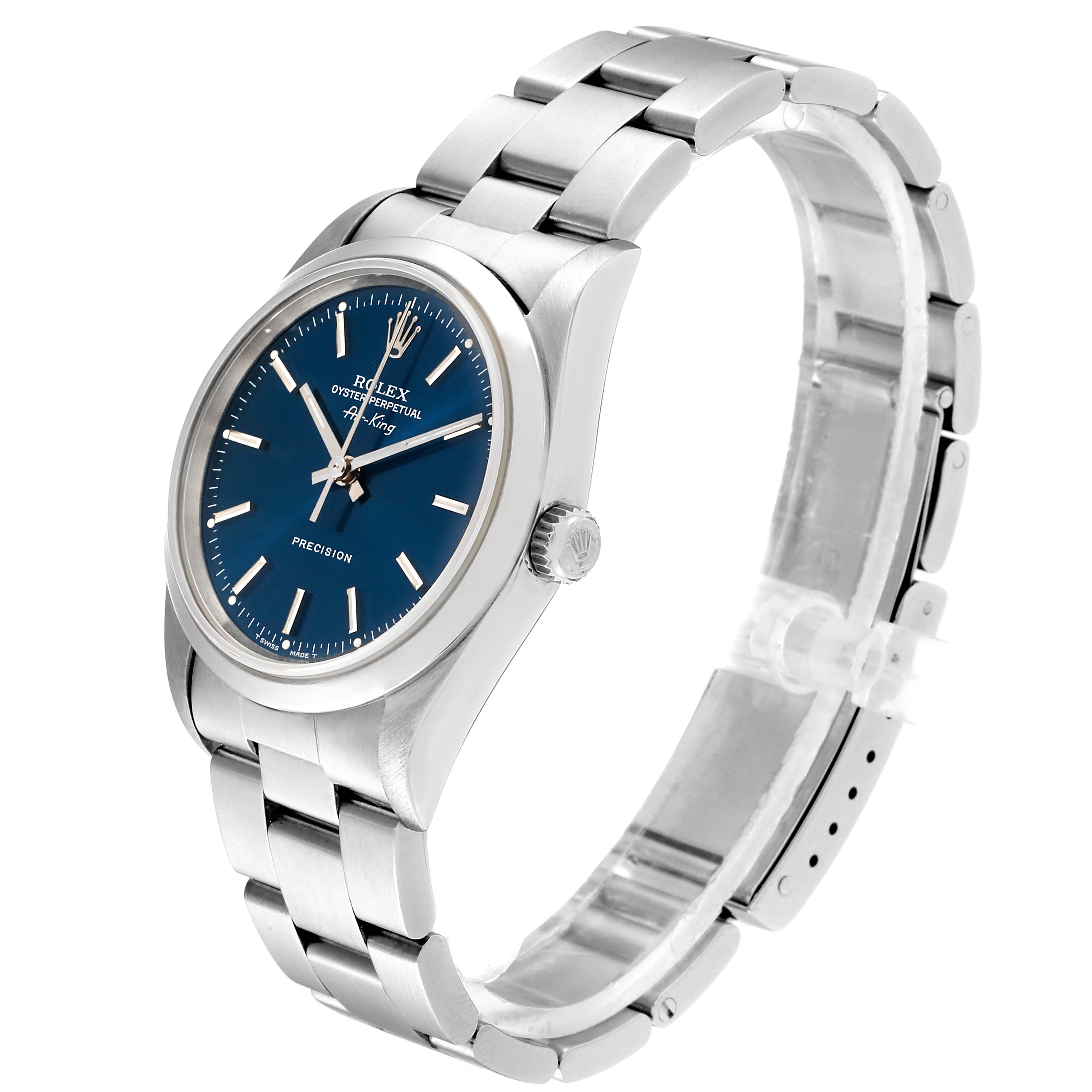 The angle shows a side profile of the Rolex Air-King 14000M Men's Stainless Steel Blue Dial 14000M Men's Stainless Steel Blue Dial watch, highlighting its blue dial, bracelet, and crown.