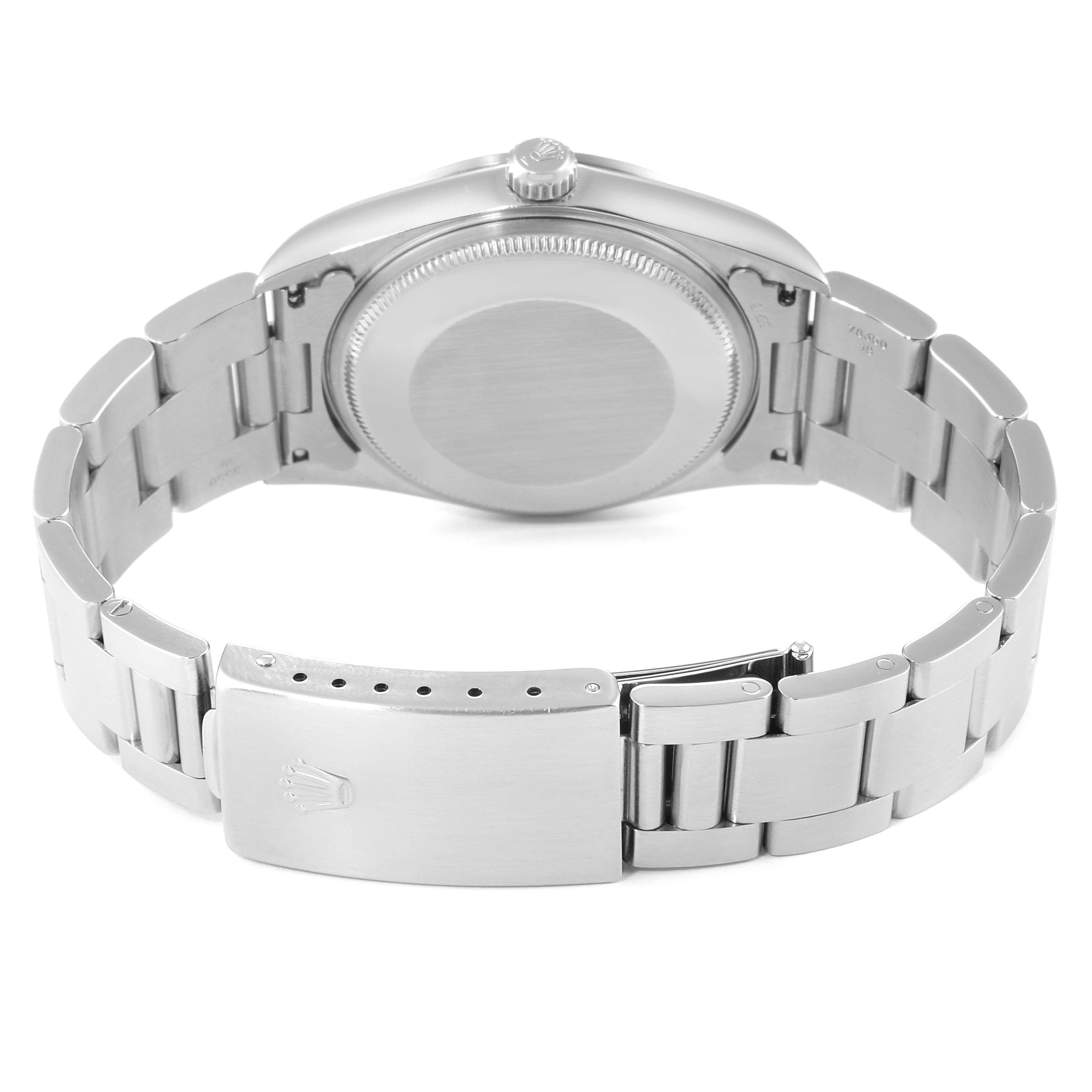 The image shows the backside and clasp of a Rolex Air-King 14000M Men's Stainless Steel Blue Dial 14000M Men's Stainless Steel Blue Dial watch from a rear angle.